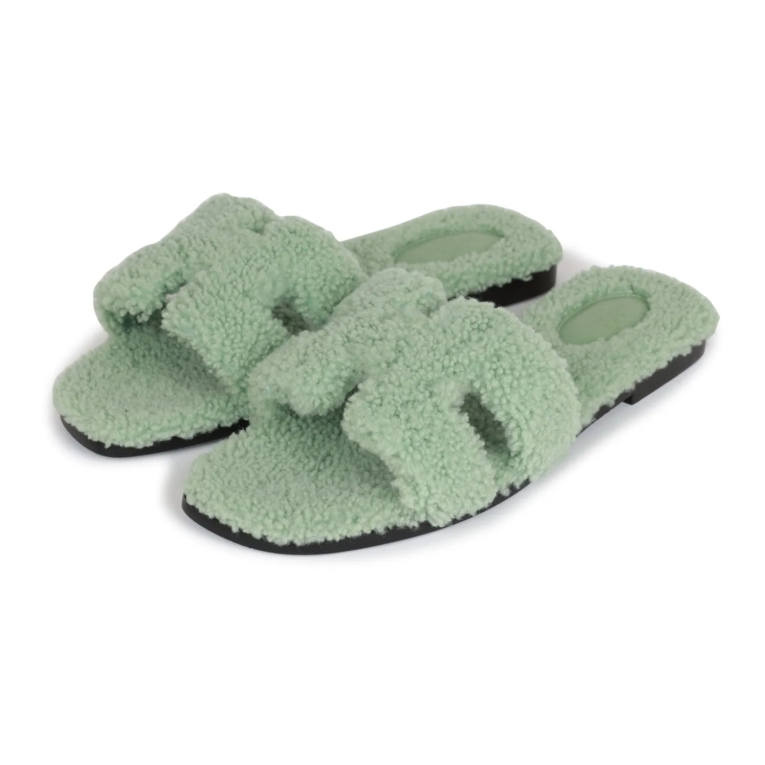 Hermes Oran Sandals Vert D'eau Woolskin 41 Velvet Touch