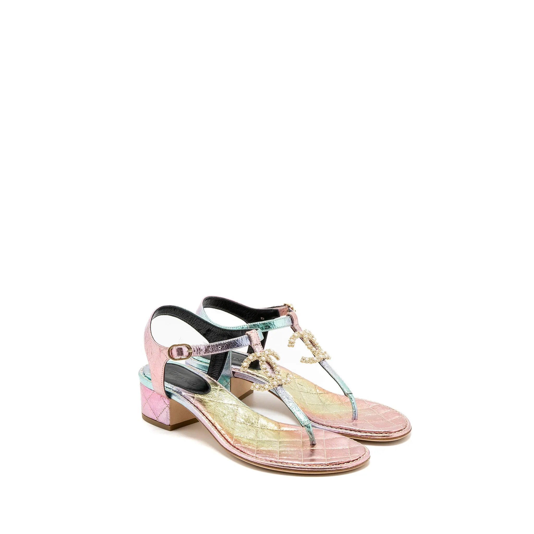 Iconic Platform Heels Chanel Size 38 Detailed CC Logo Leather Iridescent Multicolour Sandals