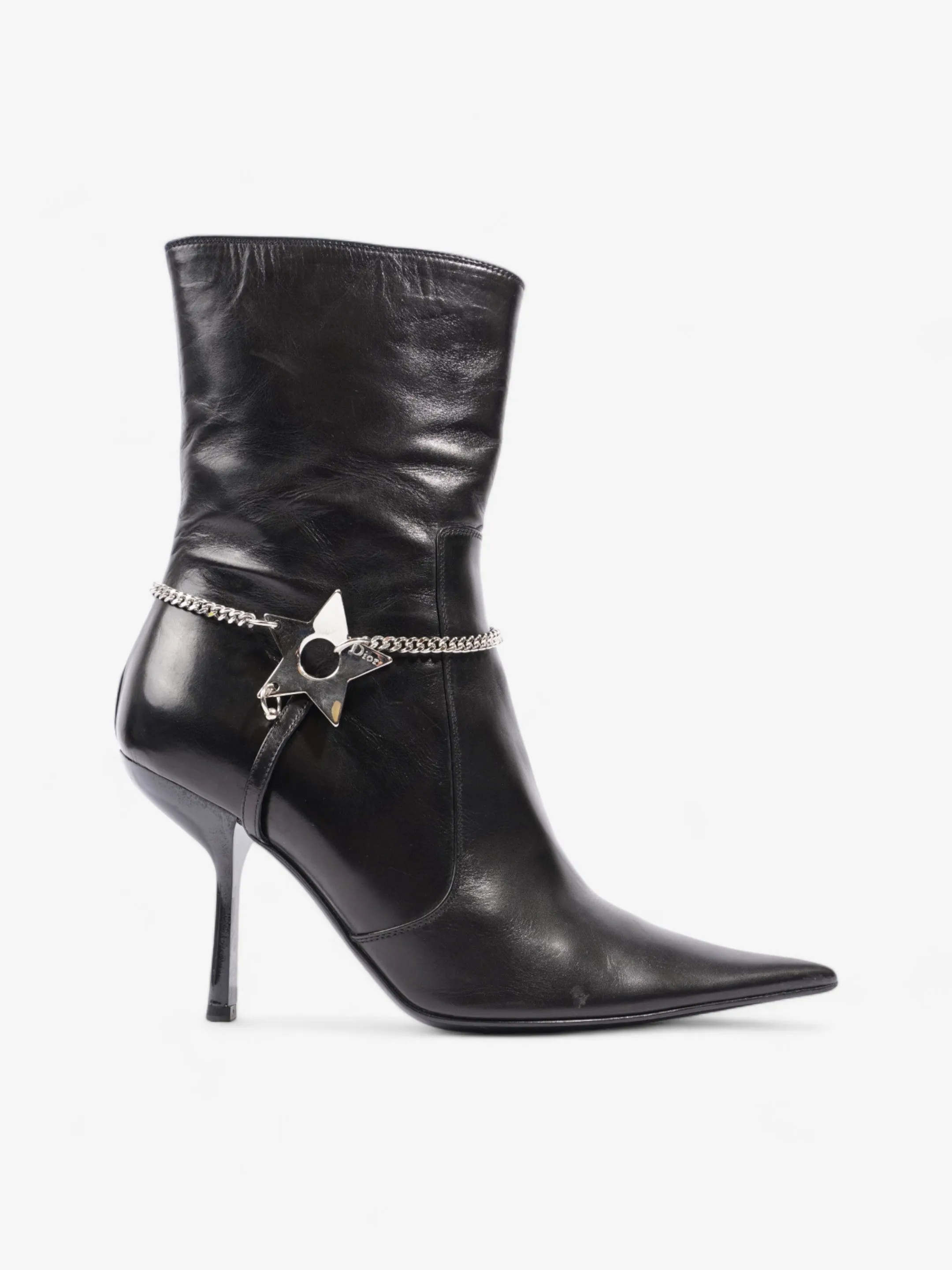 Impact Guard Pro Christian Dior D Star Pointed Heeled Boots 75mm Black / Silver Leather EU 39 UK 6