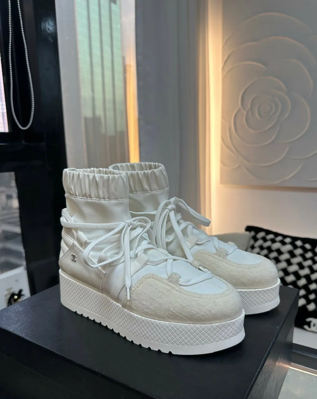 Impact Safe Chanel Shoes 38 Tweed and Leather Cream White Boots