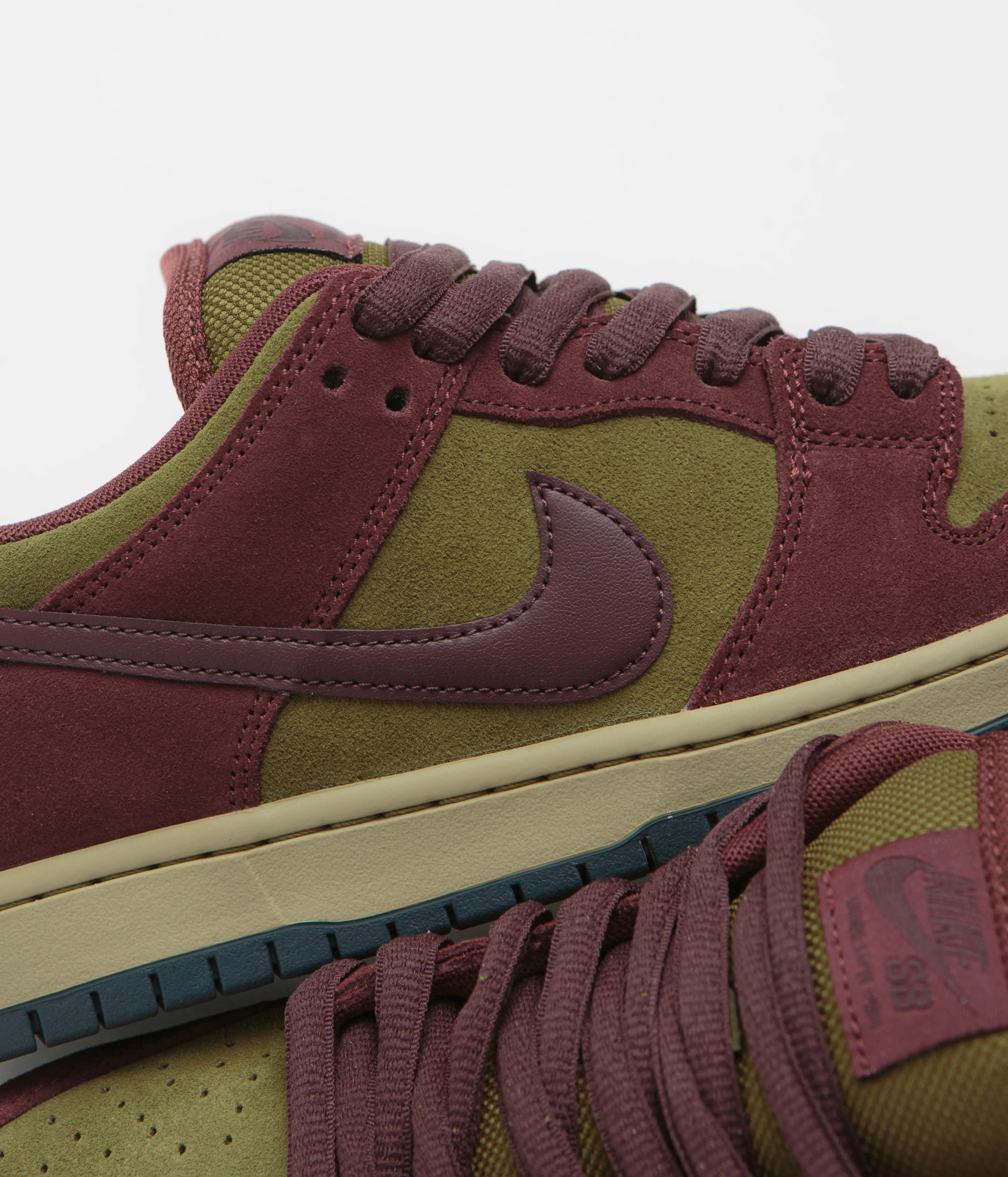 Nike SB Dunk Low Pro Shoes in Dark Team Red and Burgundy Crush and Olive Flak