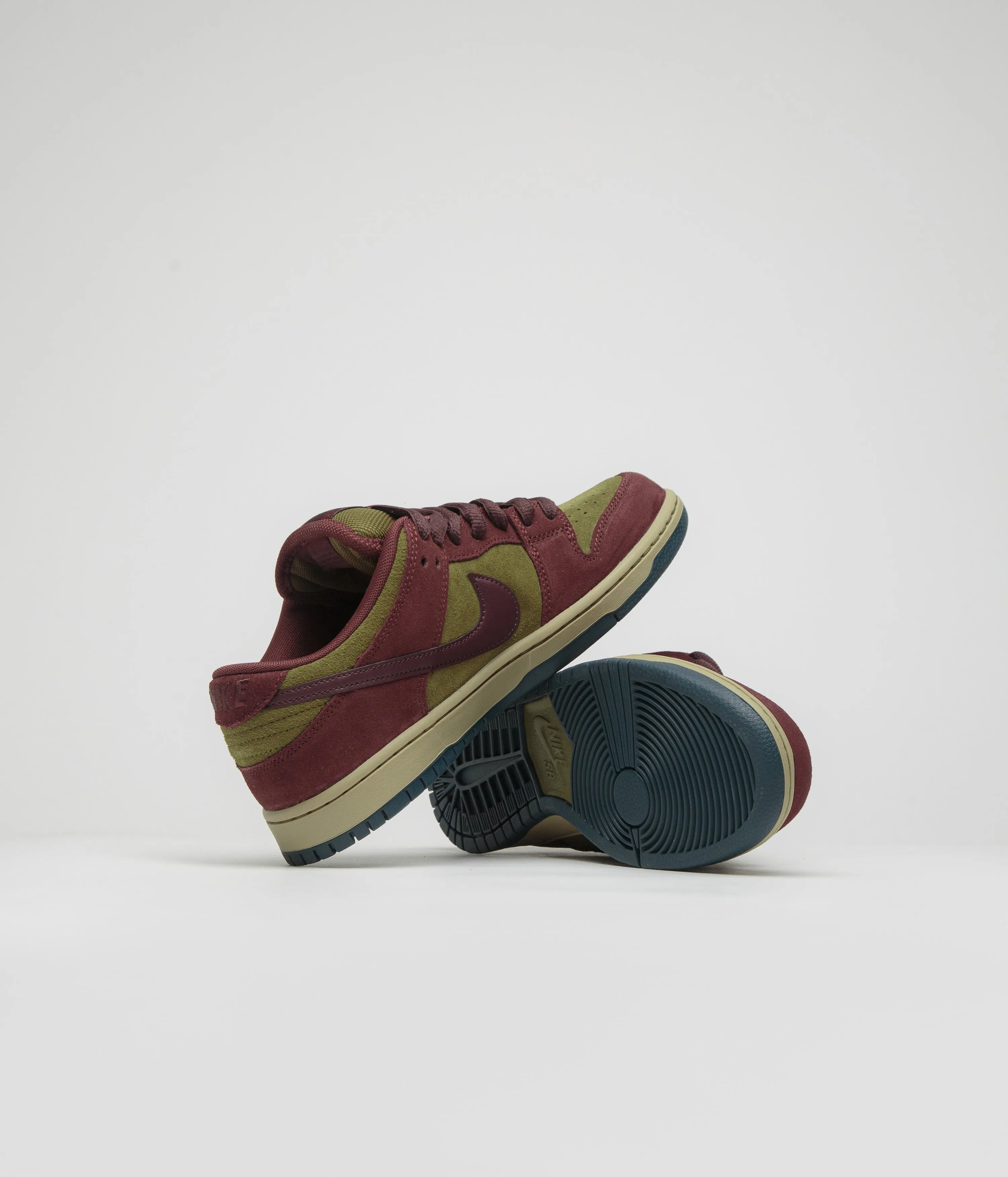 Nike SB Dunk Low Pro Shoes in Dark Team Red and Burgundy Crush and Olive Flak