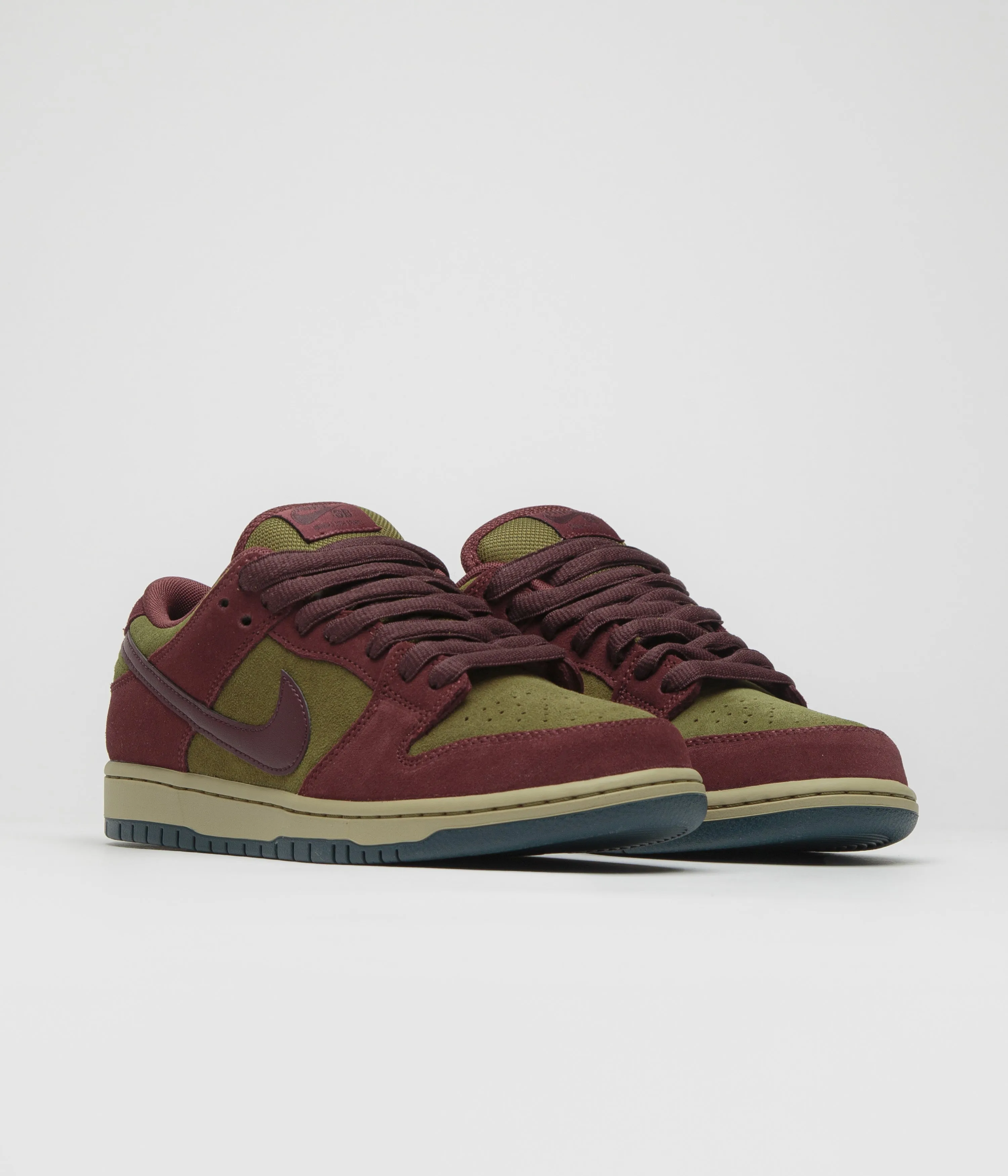 Nike SB Dunk Low Pro Shoes in Dark Team Red and Burgundy Crush and Olive Flak