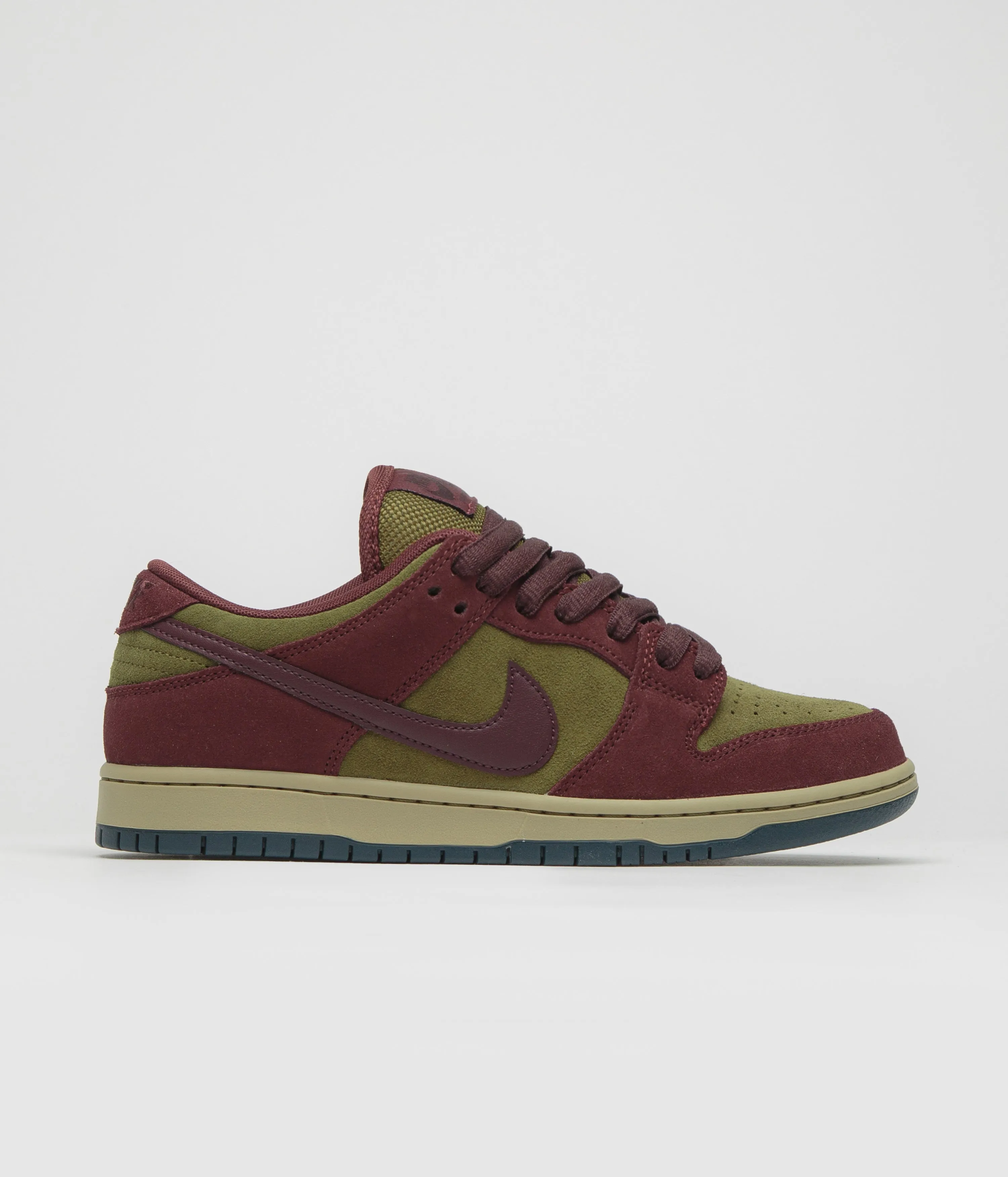 Nike SB Dunk Low Pro Shoes in Dark Team Red and Burgundy Crush and Olive Flak