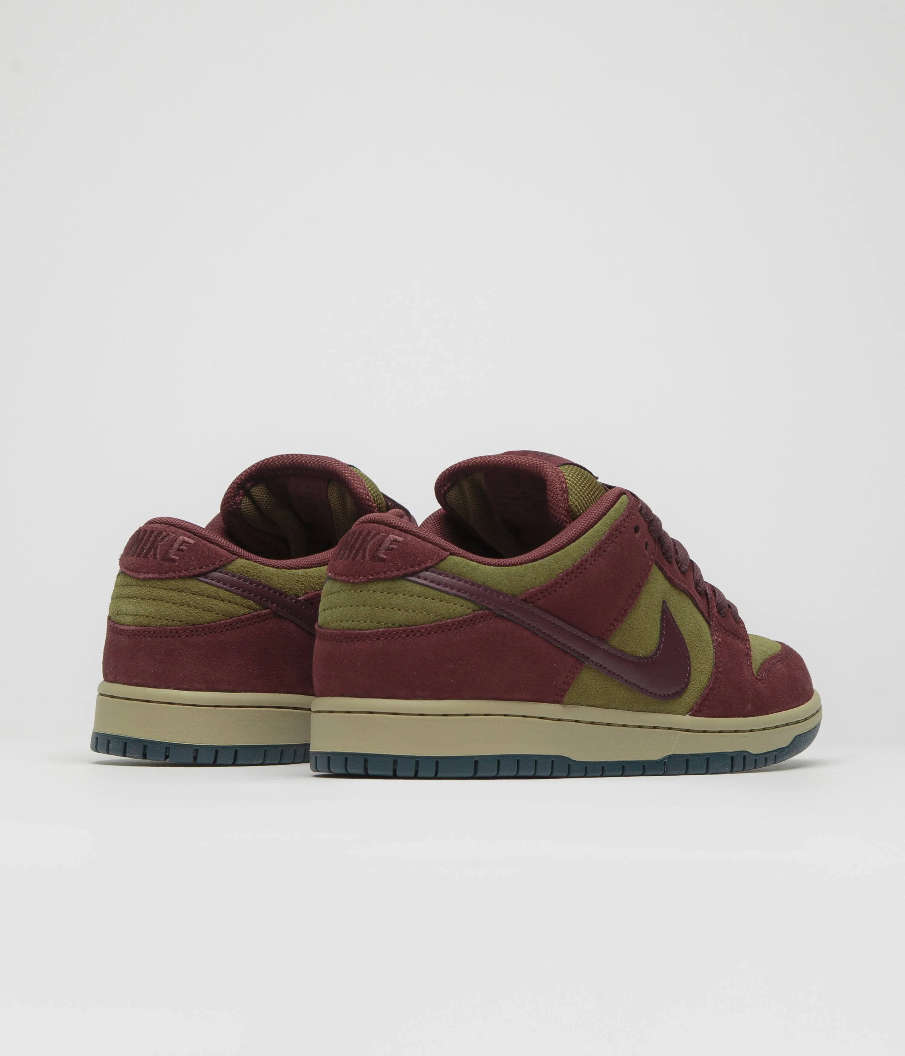 Nike SB Dunk Low Pro Shoes in Dark Team Red and Burgundy Crush and Olive Flak