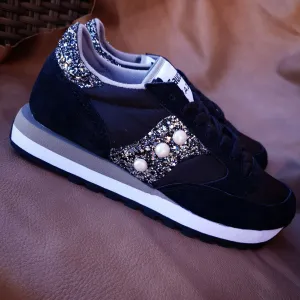 Saucony Jazz Black & Black Silver Glitter Slip On Clear Run