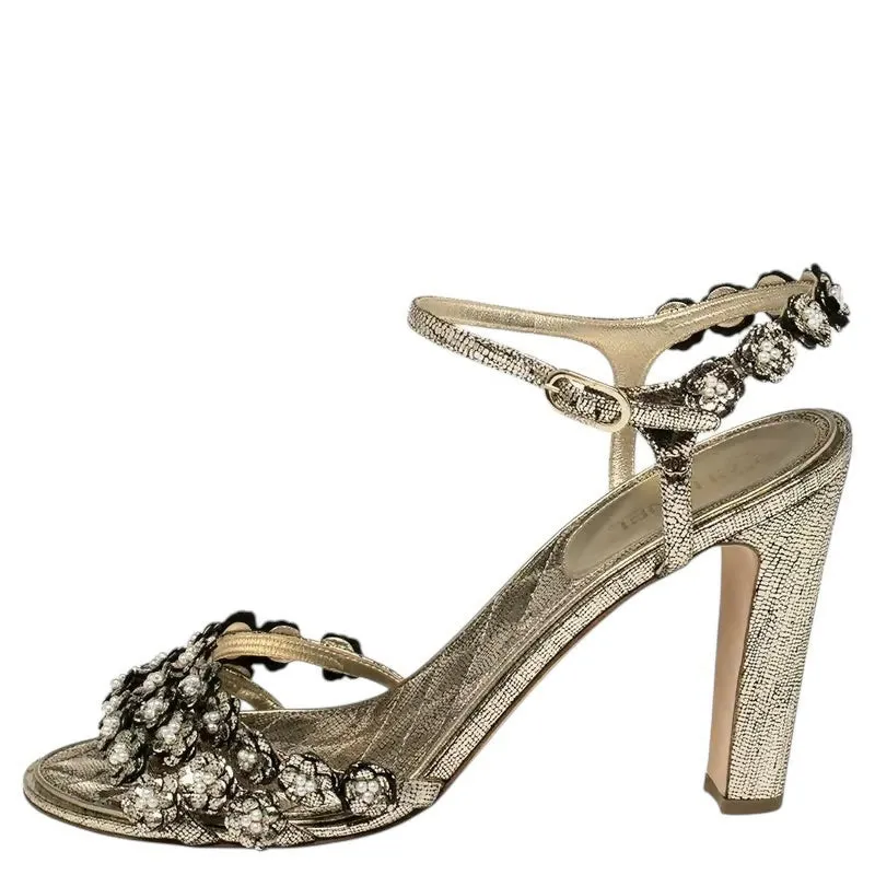 lightweight fabric Chanel Gold Metallic Leather Camellia Pearl Sandals Heels EU 38.5C