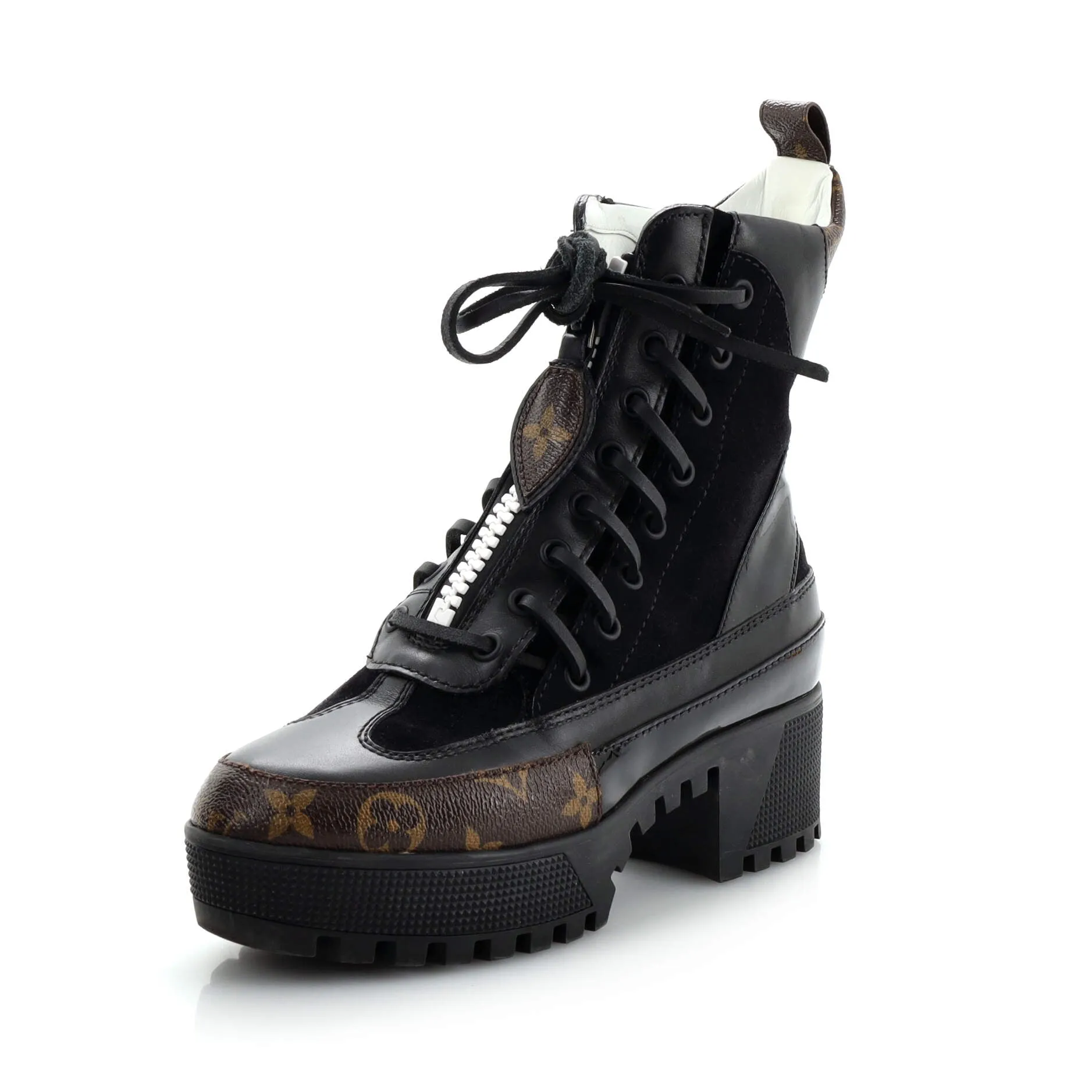 Louis Vuitton Women's Zip Up Laureate Platform Desert Boots Leather with Monogram Canvas and Suede Quick Seal