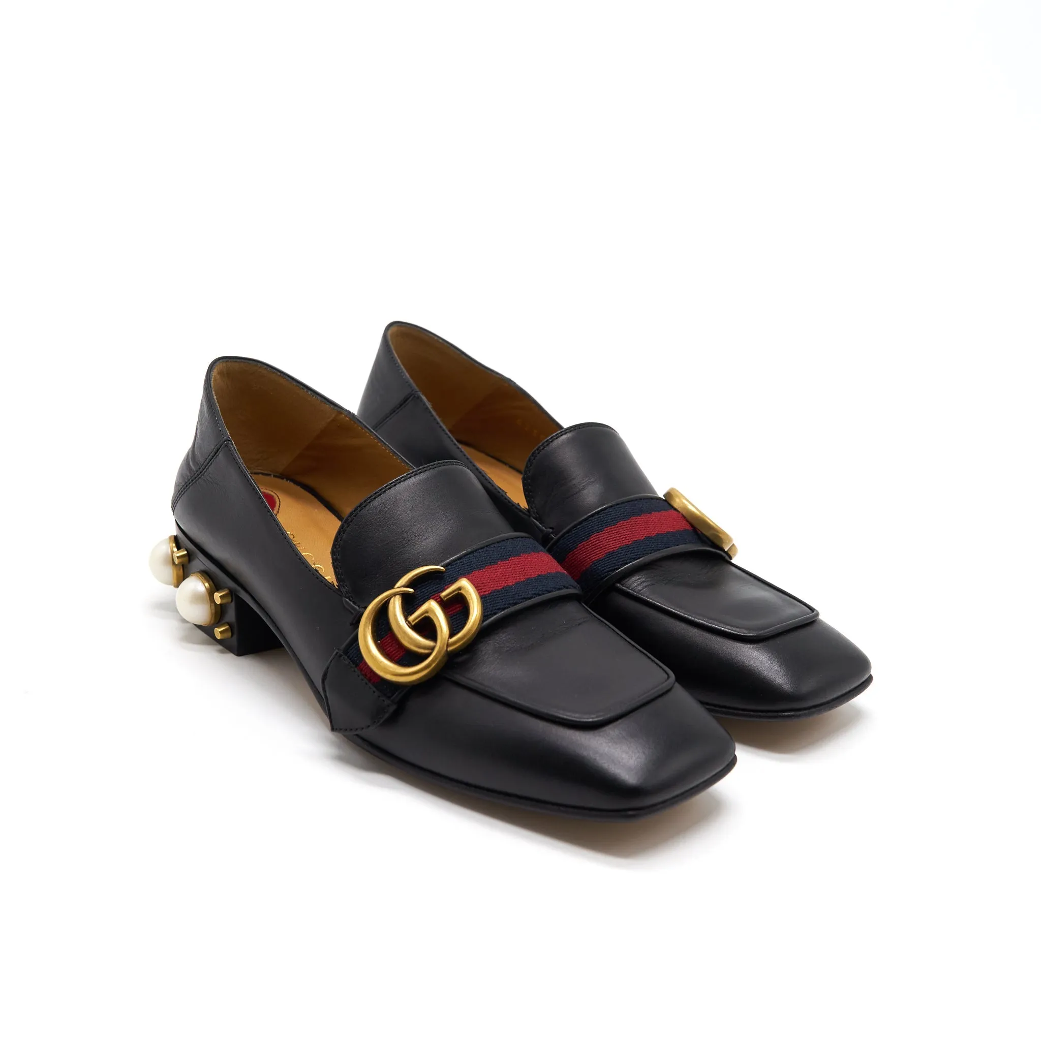 mesh construction Gucci Leather Mini Heel Loafer Size 35.5