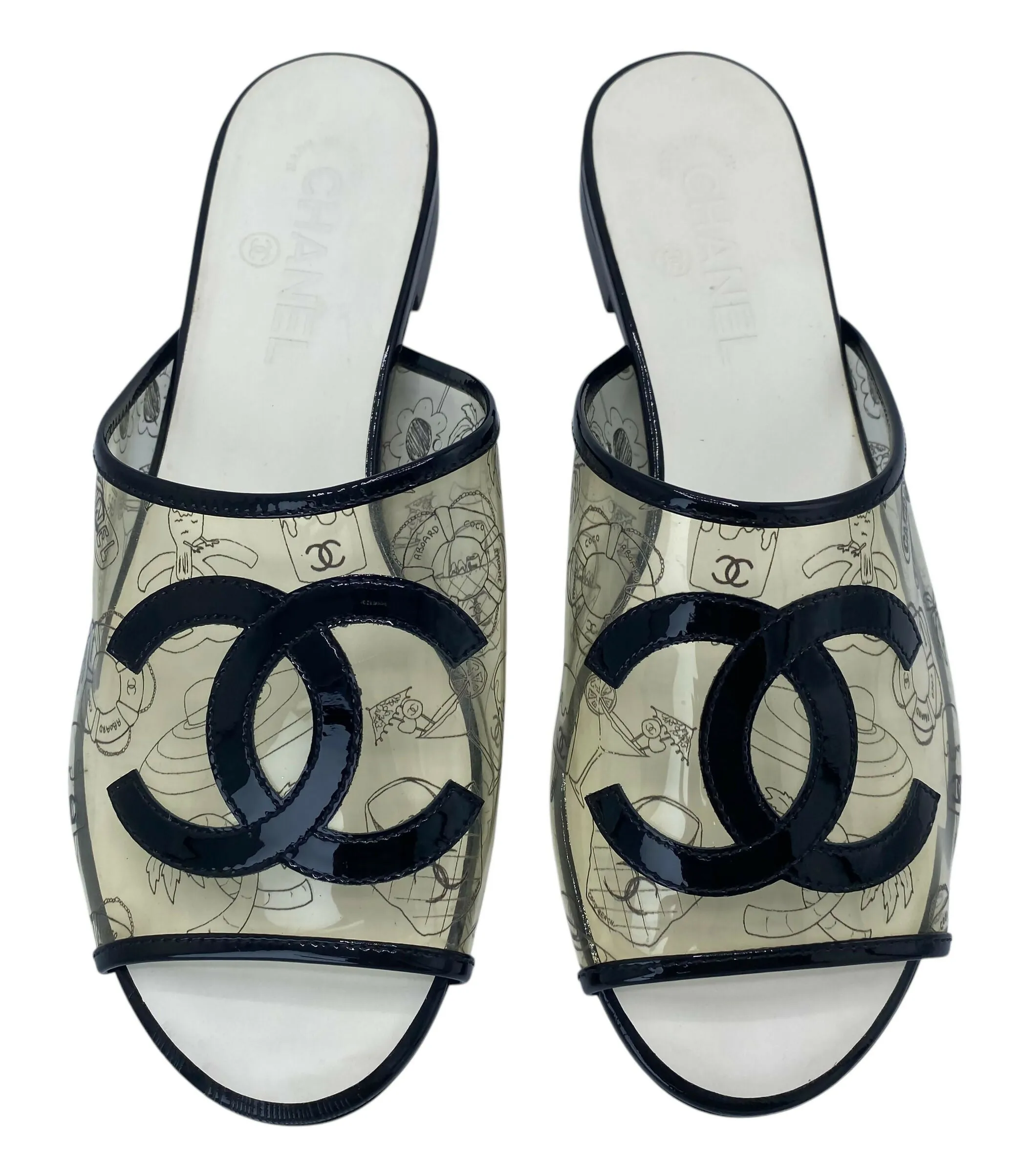 Minimal Design Rare Chanel PVC Black Patent Leather CC Logos Flat Slide Sandals EU 39.5C