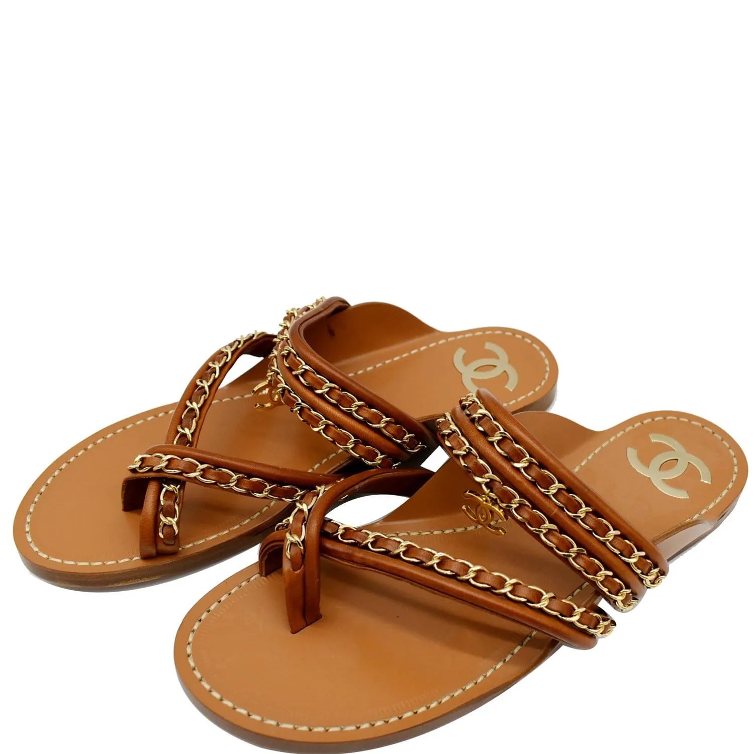 Modern Look Chanel Thong CC Charm Leather Flat Sandals Brown 39
