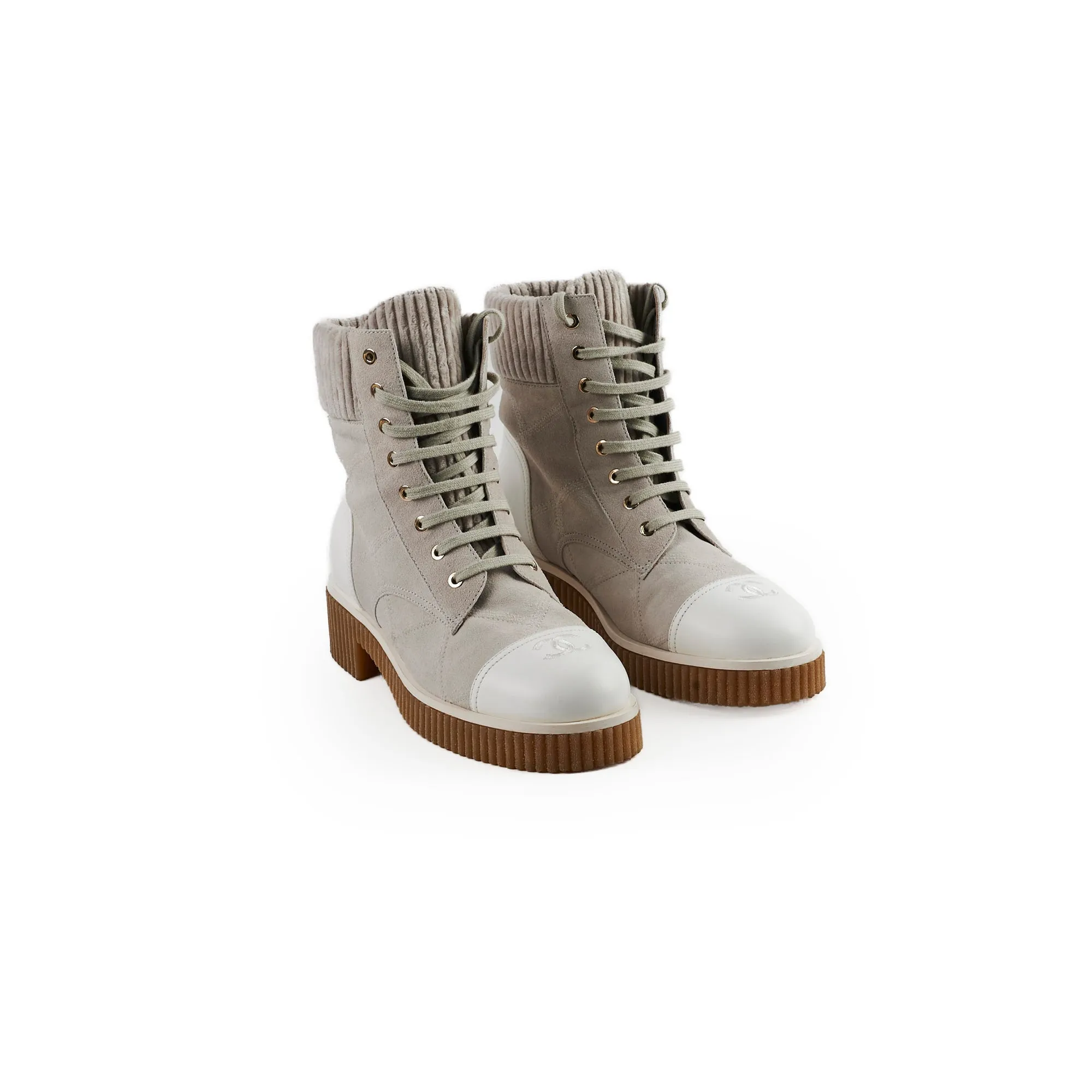 Moisture Shield Chanel Combat Lace up Boots Grey/White Size 40