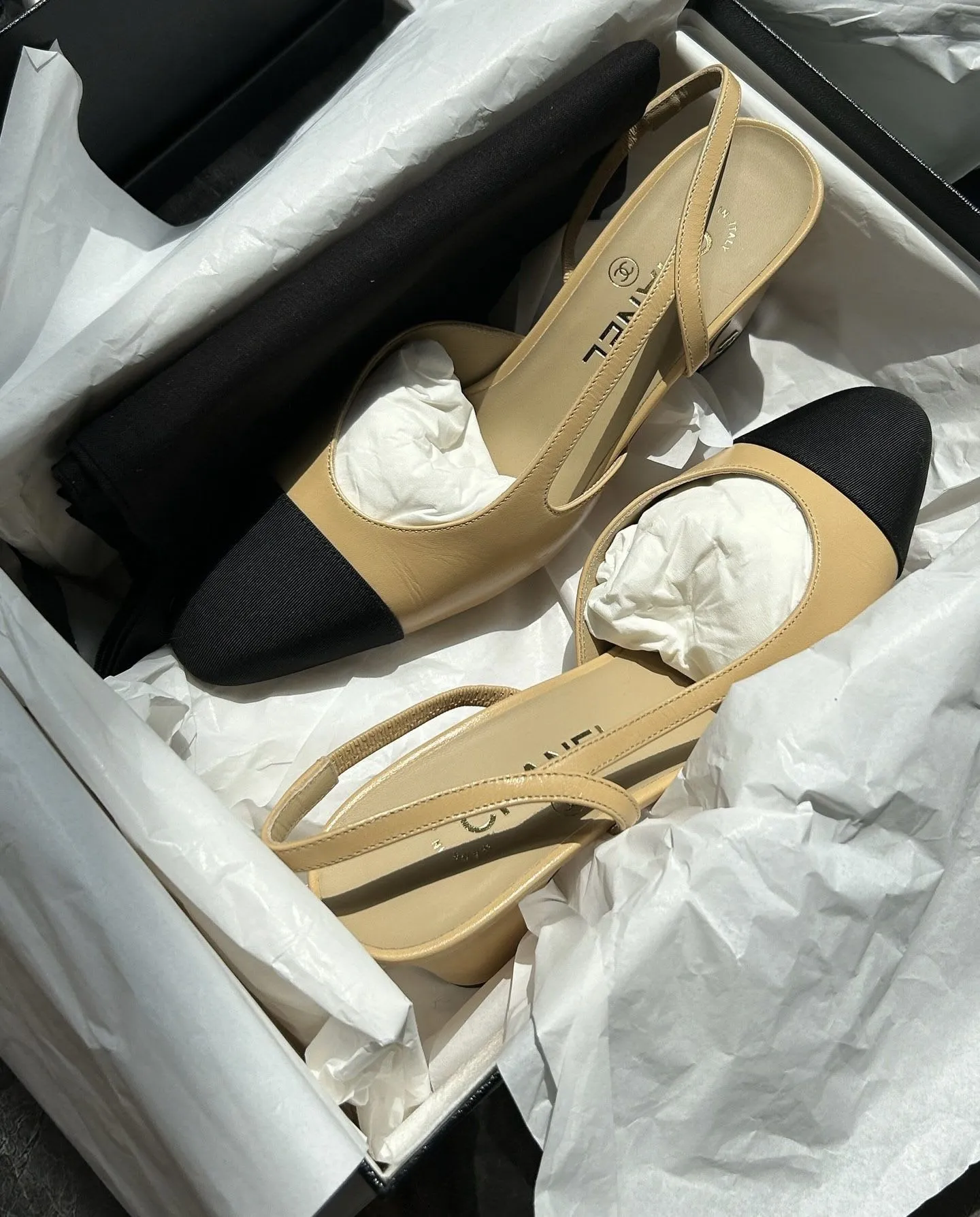 Moisture wicking Chanel slingback classic beige high heels