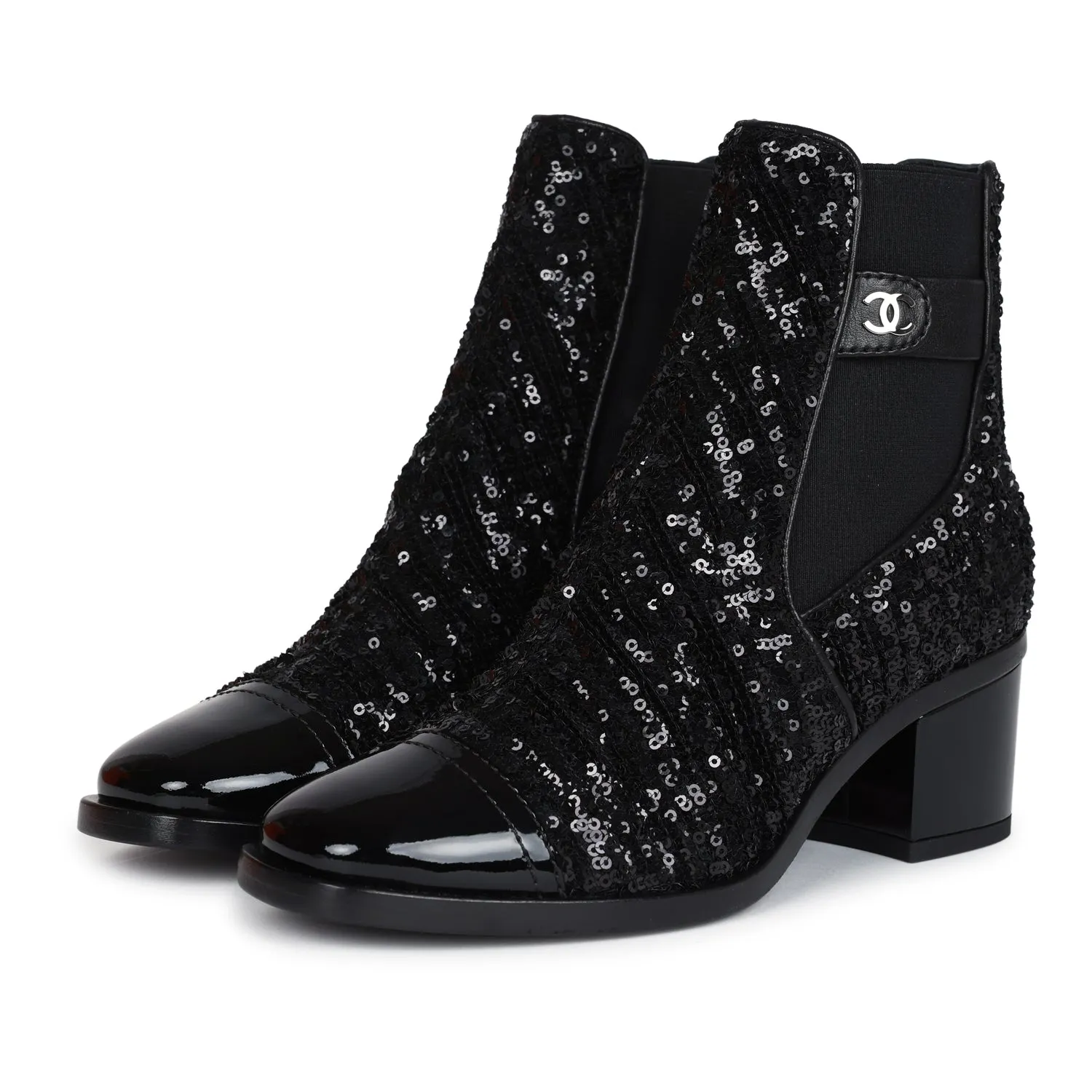 Motion Pro Chanel Cap Toe Ankle Boots Black Sequin Patent EU 35.5