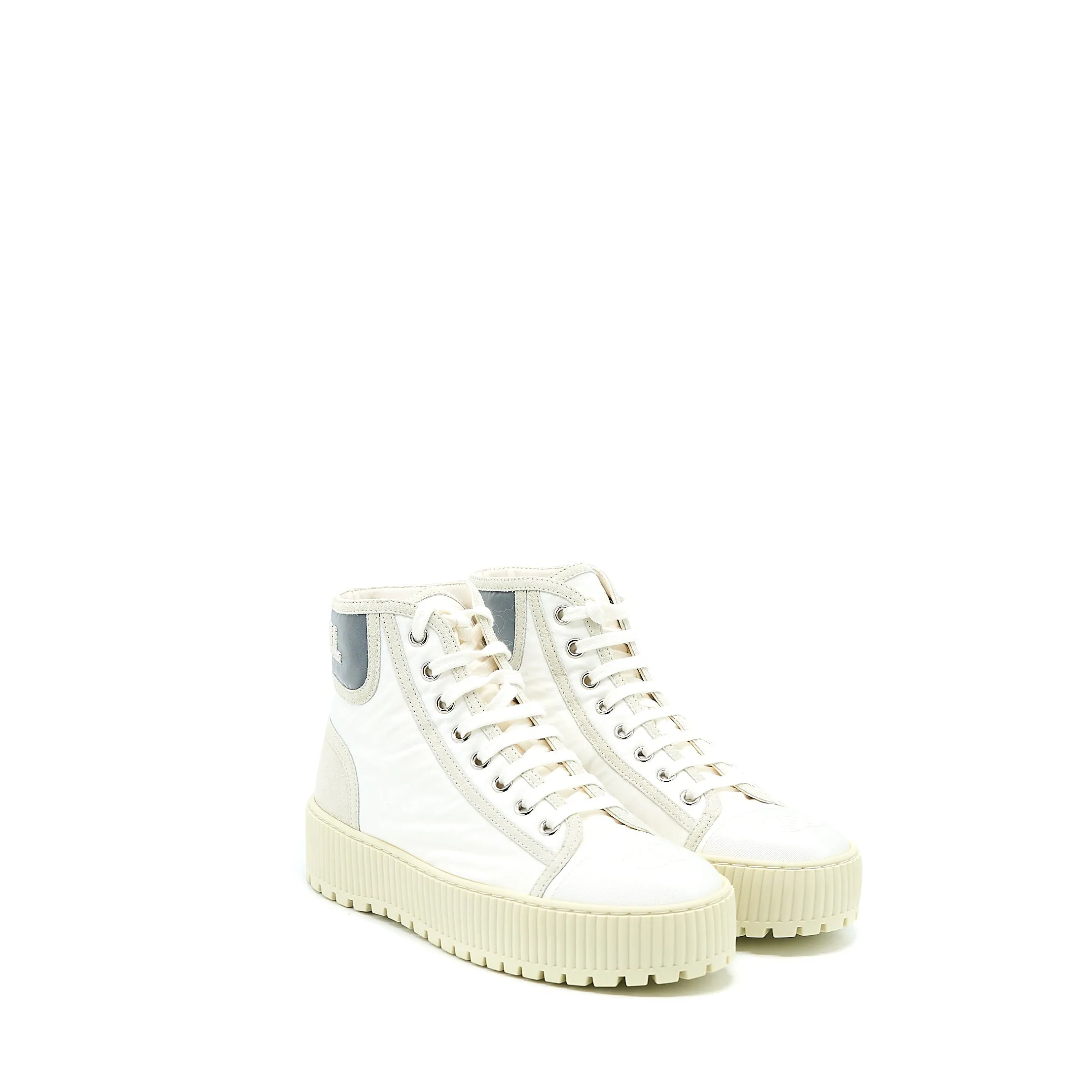 Multi-layered Chanel Size 36.5 High top Sneaker Suede/Fabric White/Light Grey