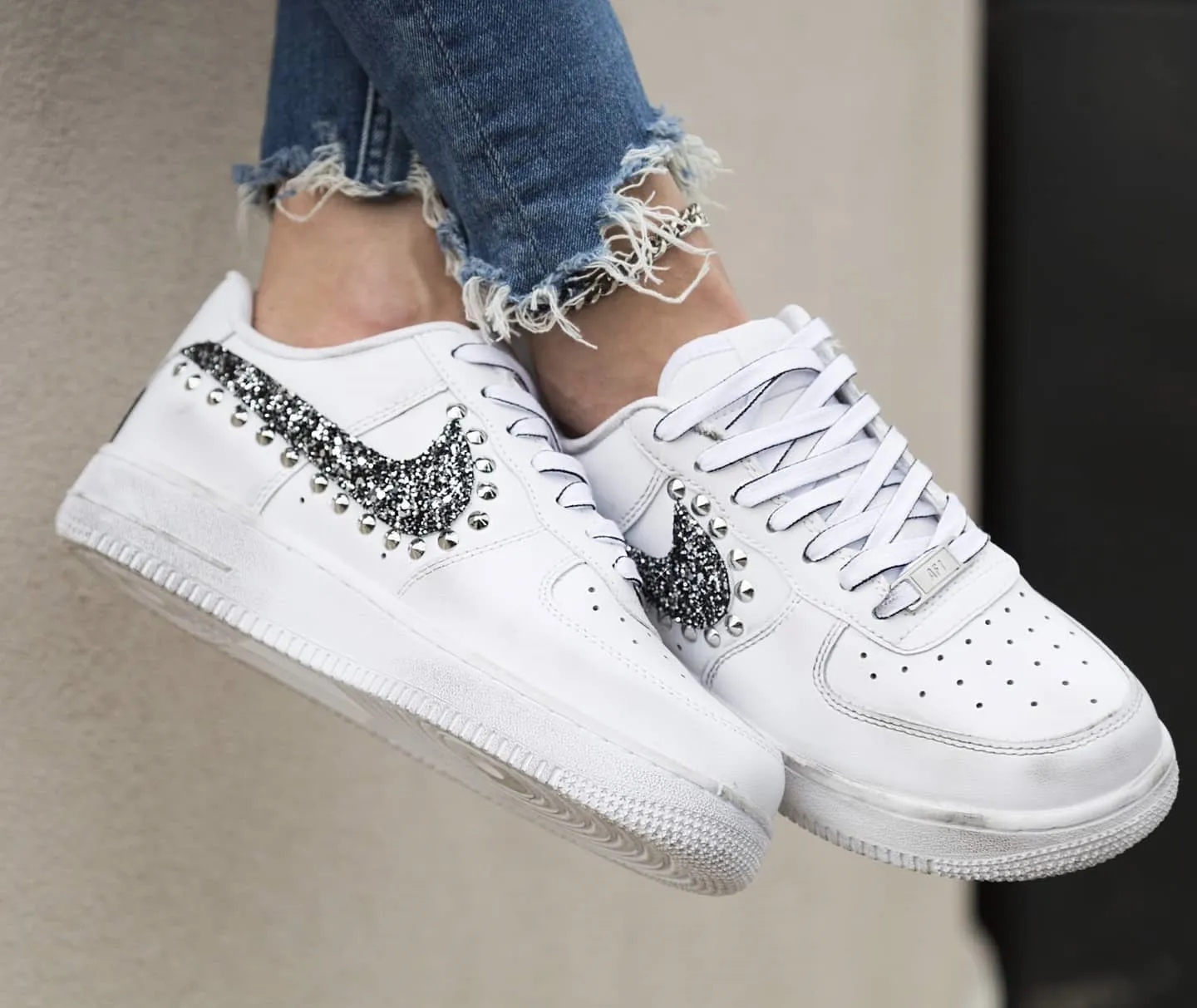 Nike Air Force 1 '07  Black Silver Glitter Borchie & Lacci Cartoon Calm Hike Active Style