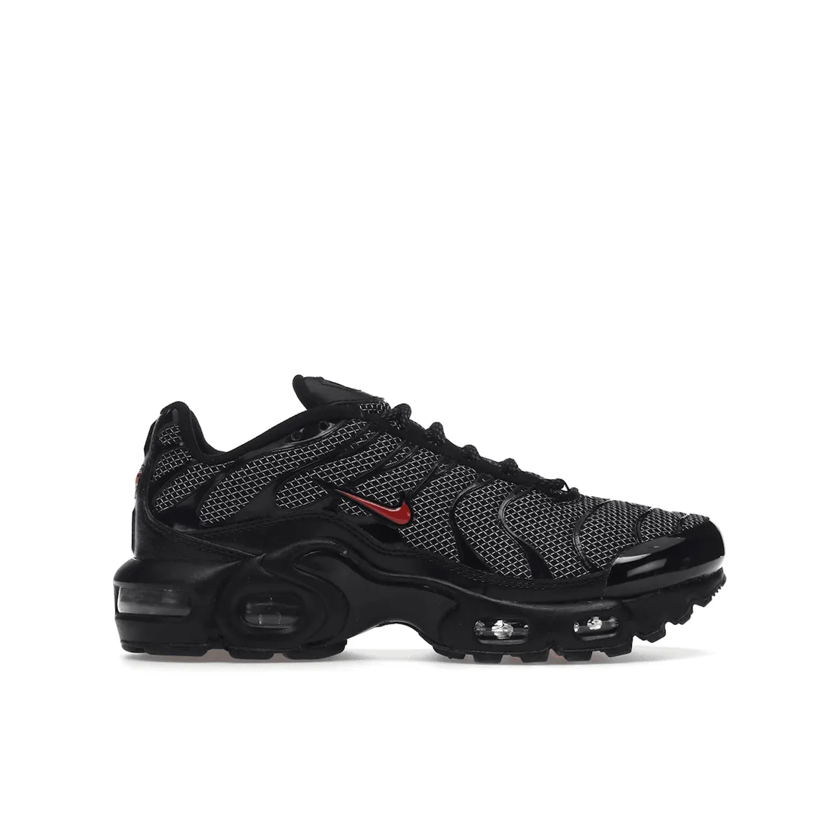 running with headphones Nike Air Max Plus Black University Red Reflective Silver