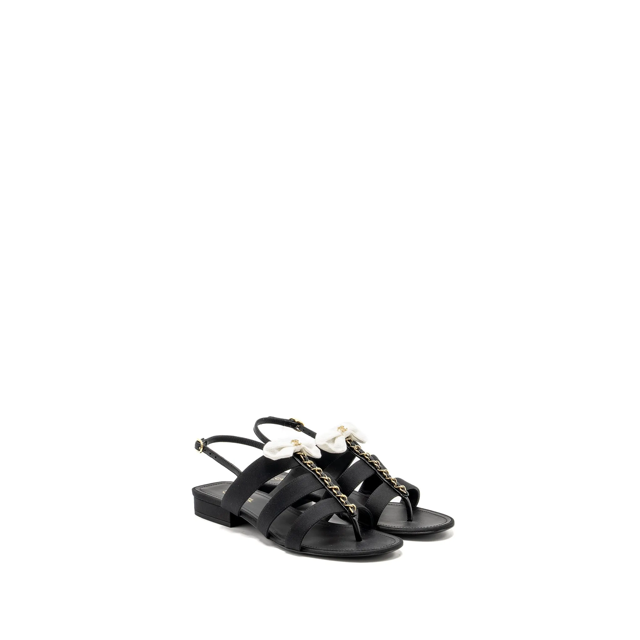 No-Fuss Wear Chanel Size 39 21K Grosgrain Chain CC Logo With White Bow Sandals Black L