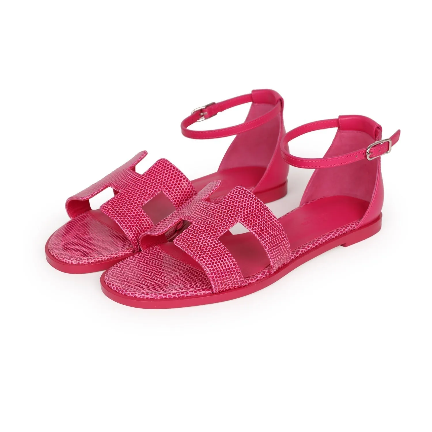 Odorless Hermes Santorini Sandals Rose Flash Lizard Palladium Hardware 37