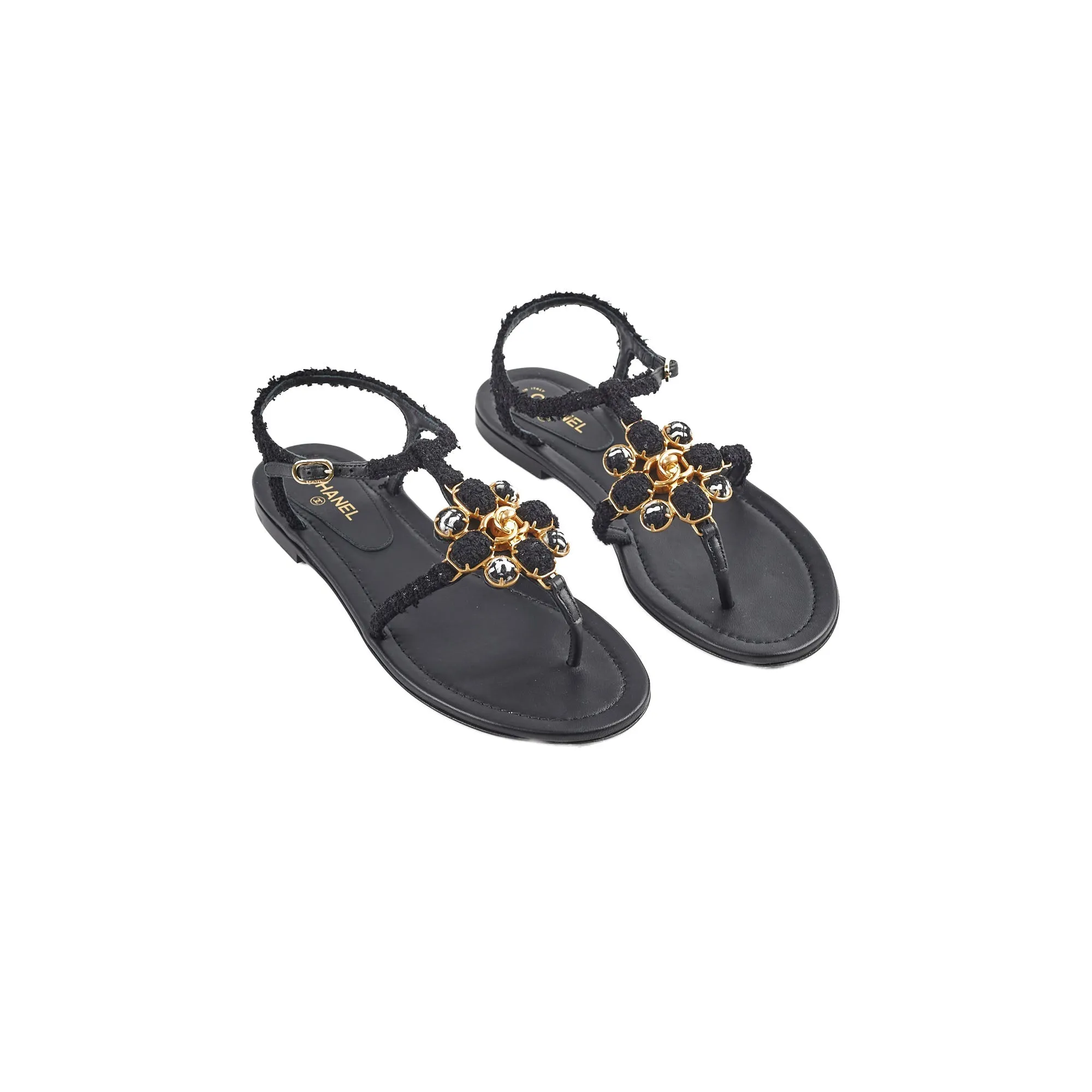 Office Walk Chanel Tweed Interlocking CC Flat Sandal 37.5 Black