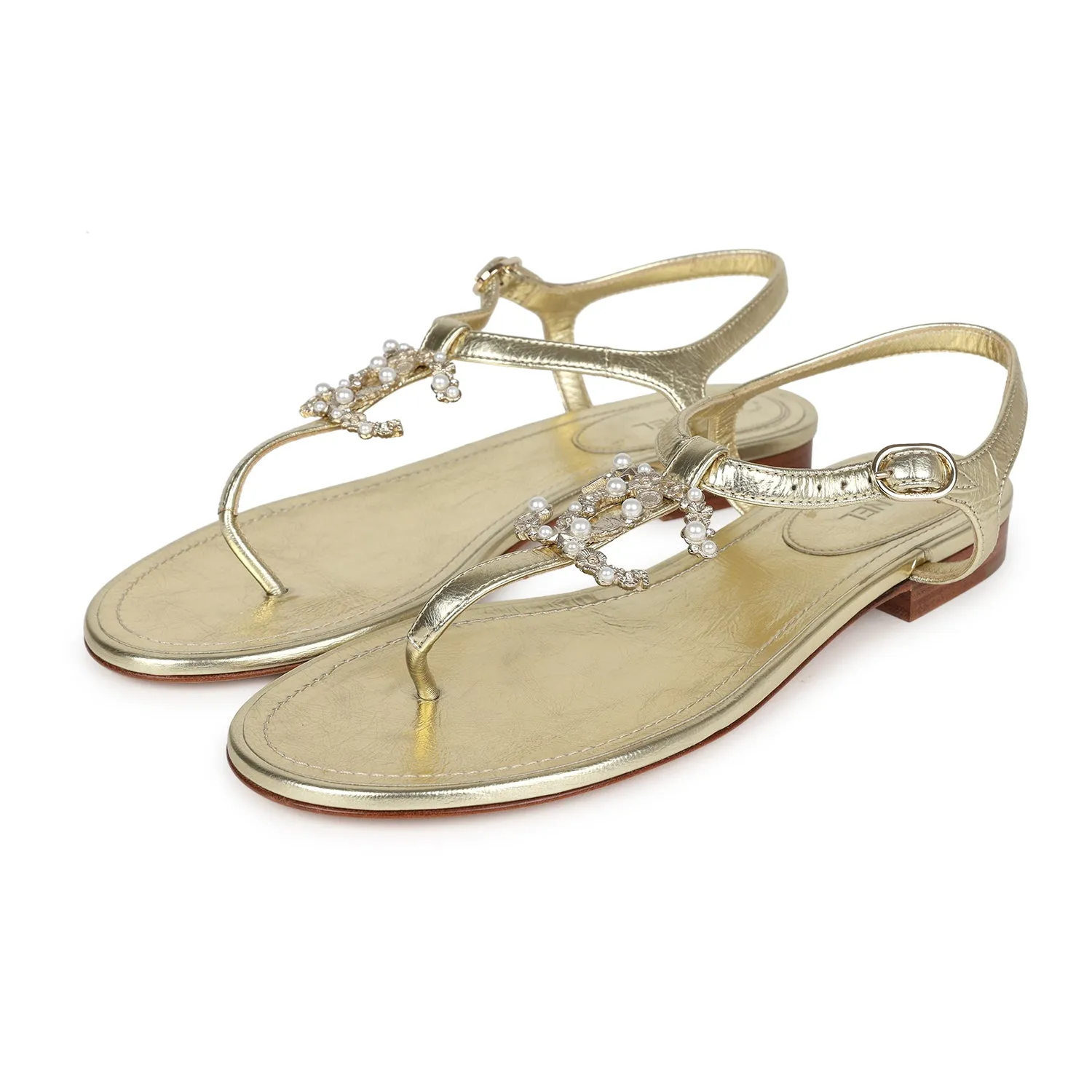 padded insole Chanel CC Jeweled Thong Sandals Gold Metallic 38C EU