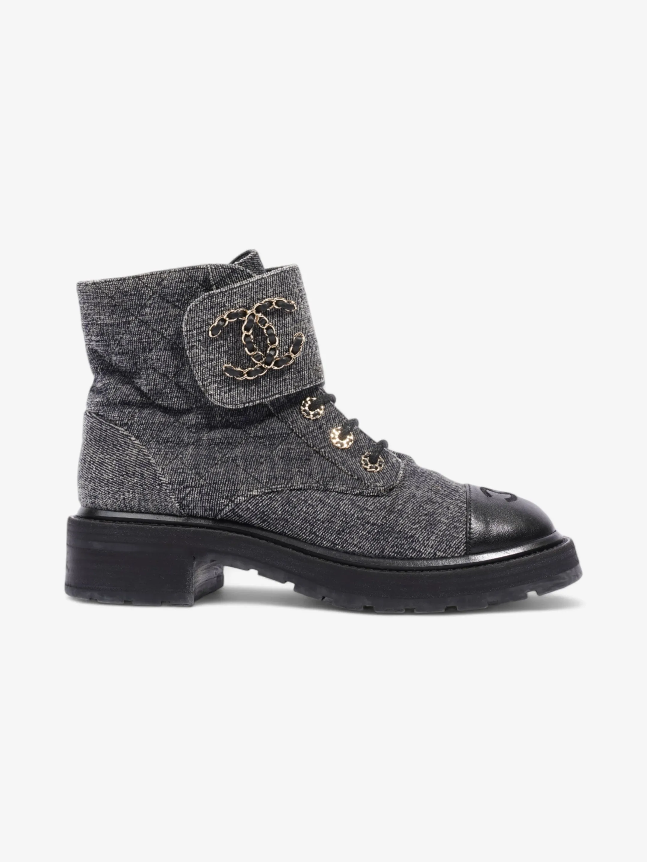 Pro Safe Chanel CC Toe Cap Lace Up Boots Navy / White / Black Cloth EU 39.5 UK 6.5