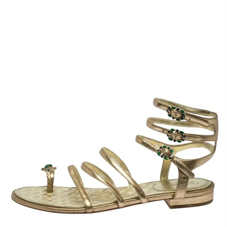Quick Comfort Chanel 15P Gold Metallic Jeweled Gladiator Sandal Flats EU 38.5