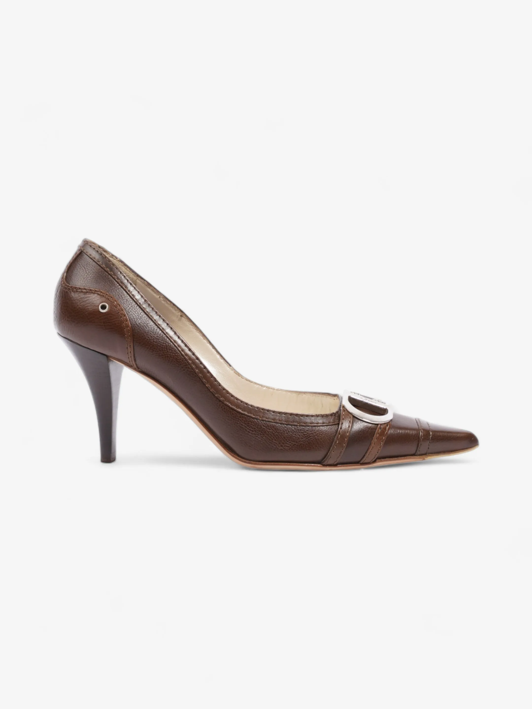 Removable Footbed Christian Dior D Buckle Heel 80mm Brown Leather EU 38 UK 5