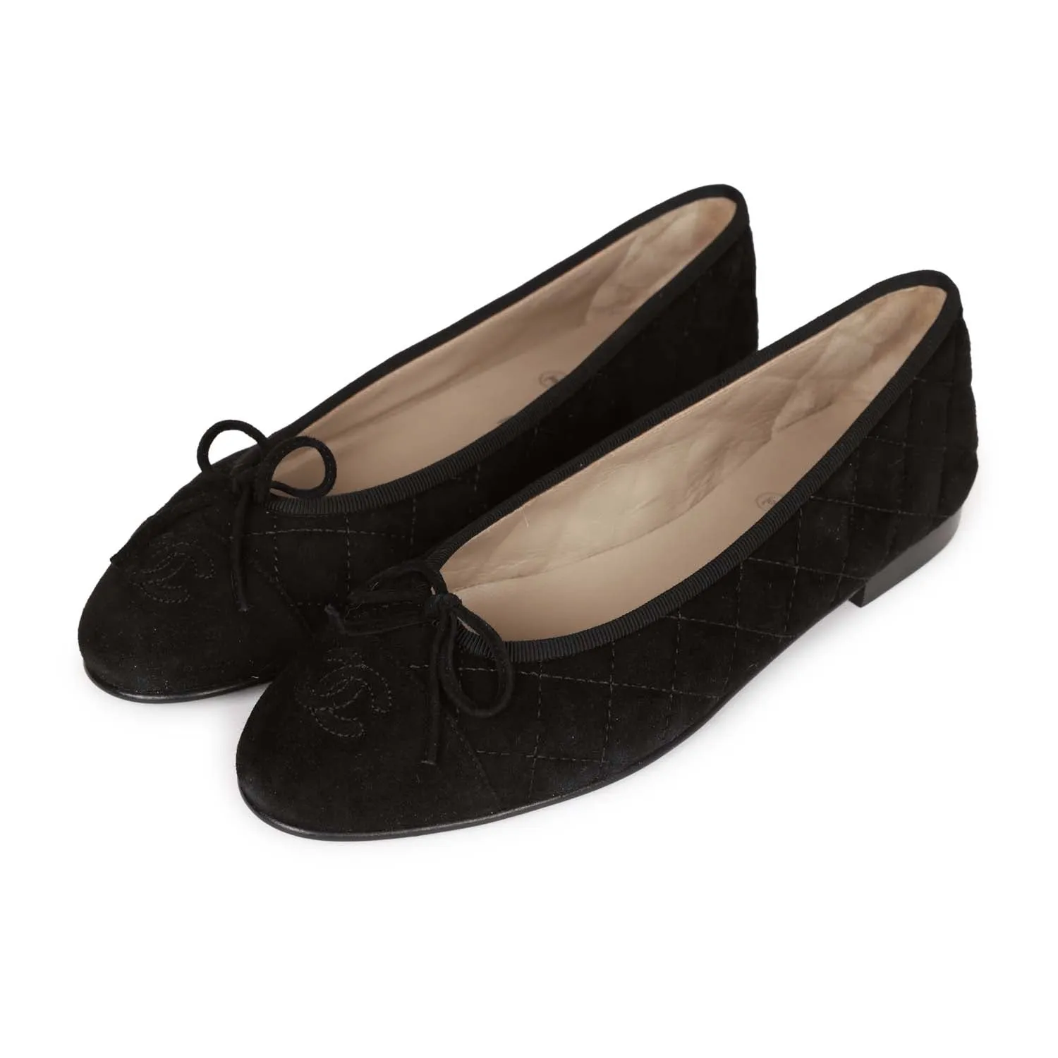 Removable insole Chanel CC Black Suede Quilted Ballet Flats 39