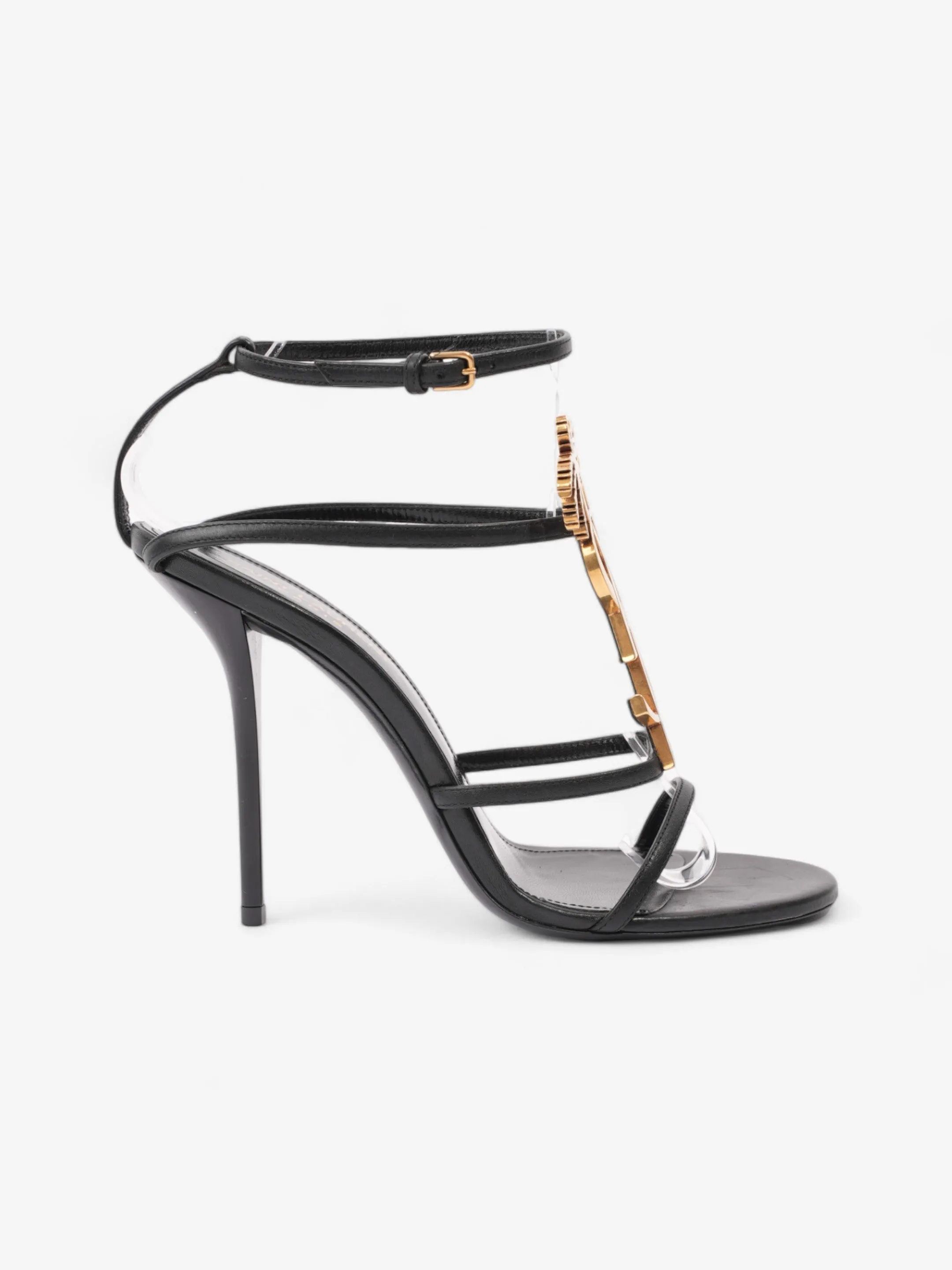 Saint Laurent Cassandre Palm Heels 110mm Black / Gold Leather EU 38.5 UK 5.5 Comfortable Footbed