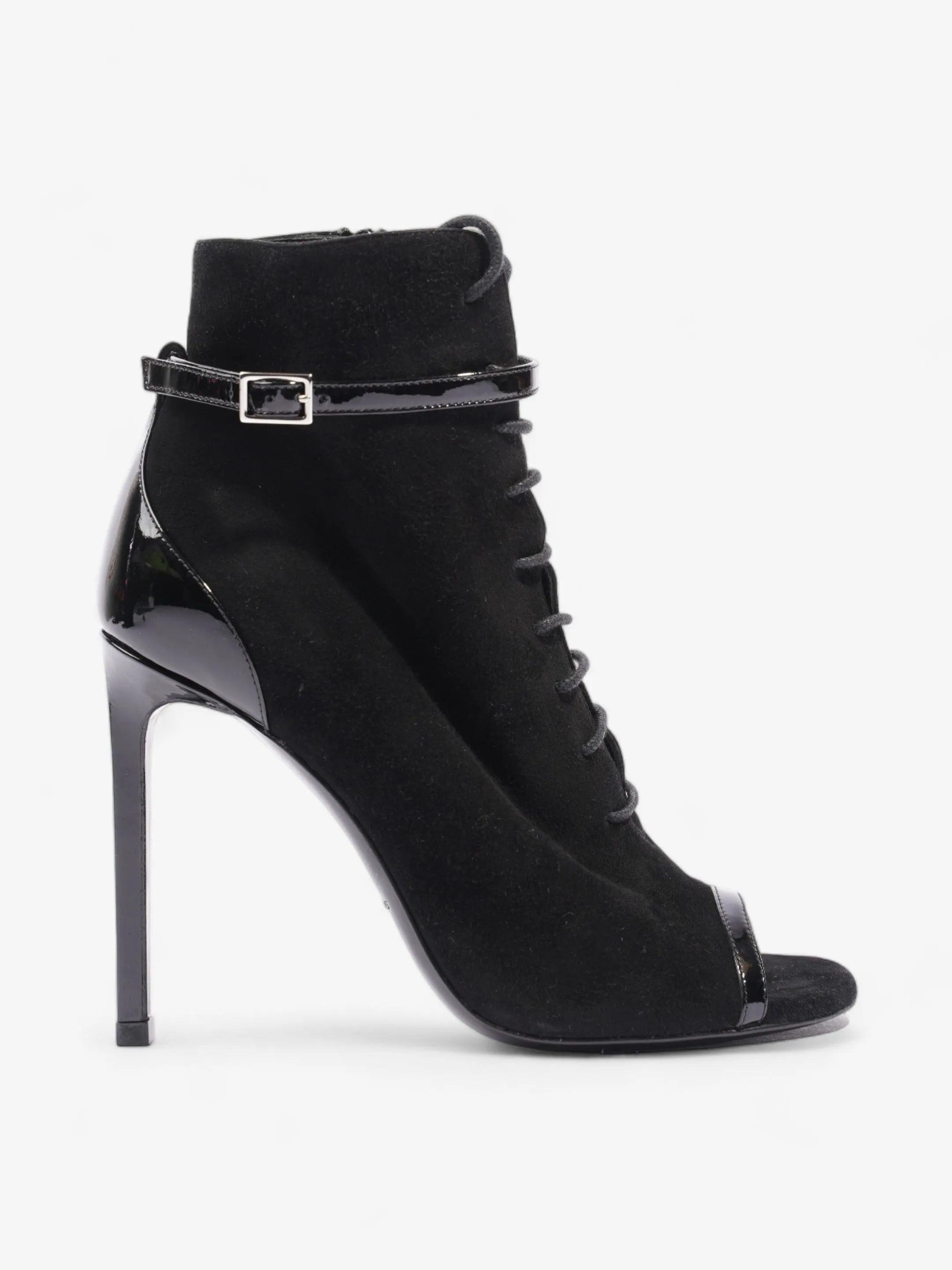Saint Laurent Peep Toe Lace Up Boot 110 Black Suede EU 37 UK 4 Lock Safe