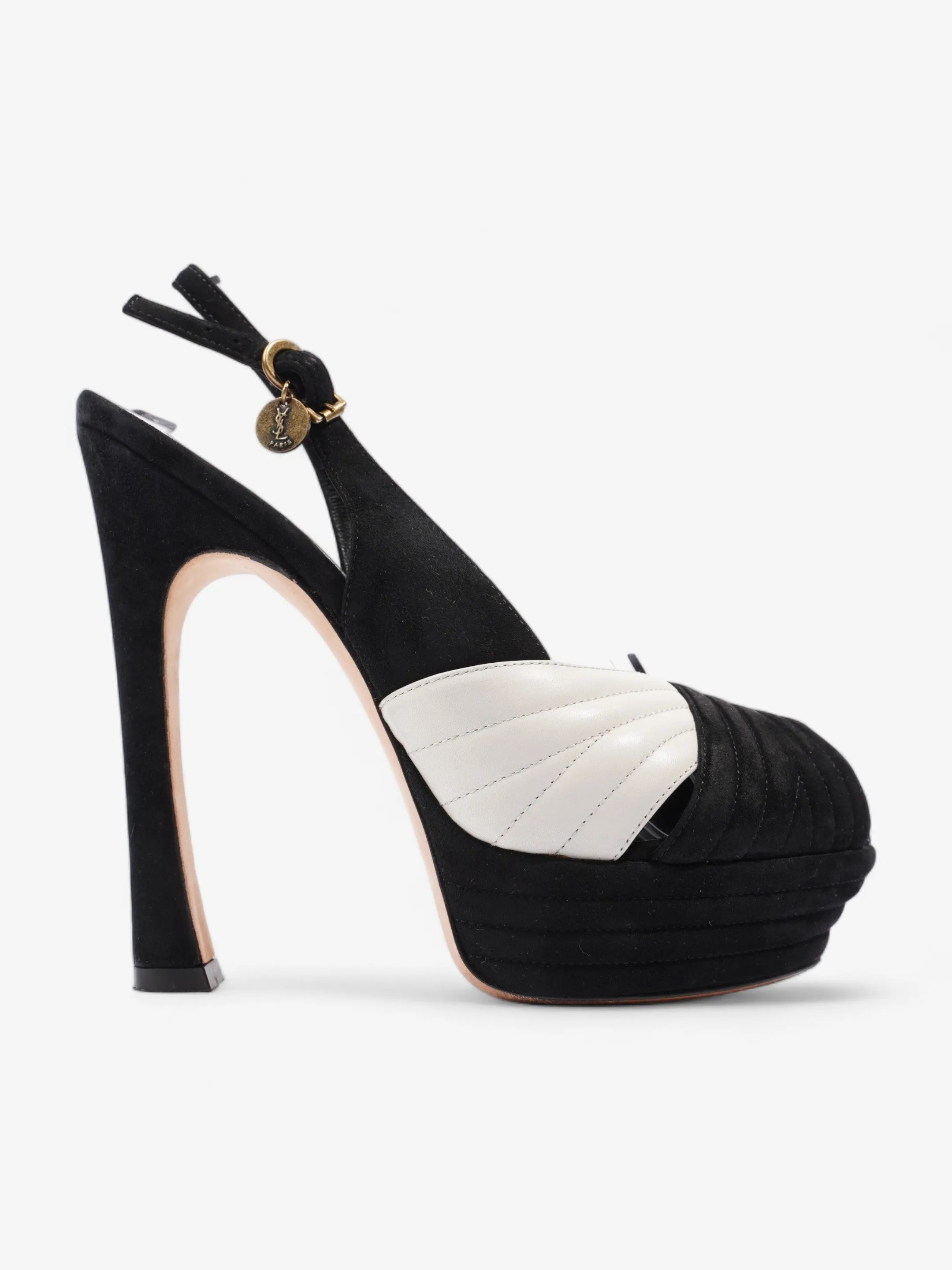 Saint Laurent Quilted Slingback Platform Heels 110mm Black / White Suede EU 38 UK 5 Adjustable Stilettos