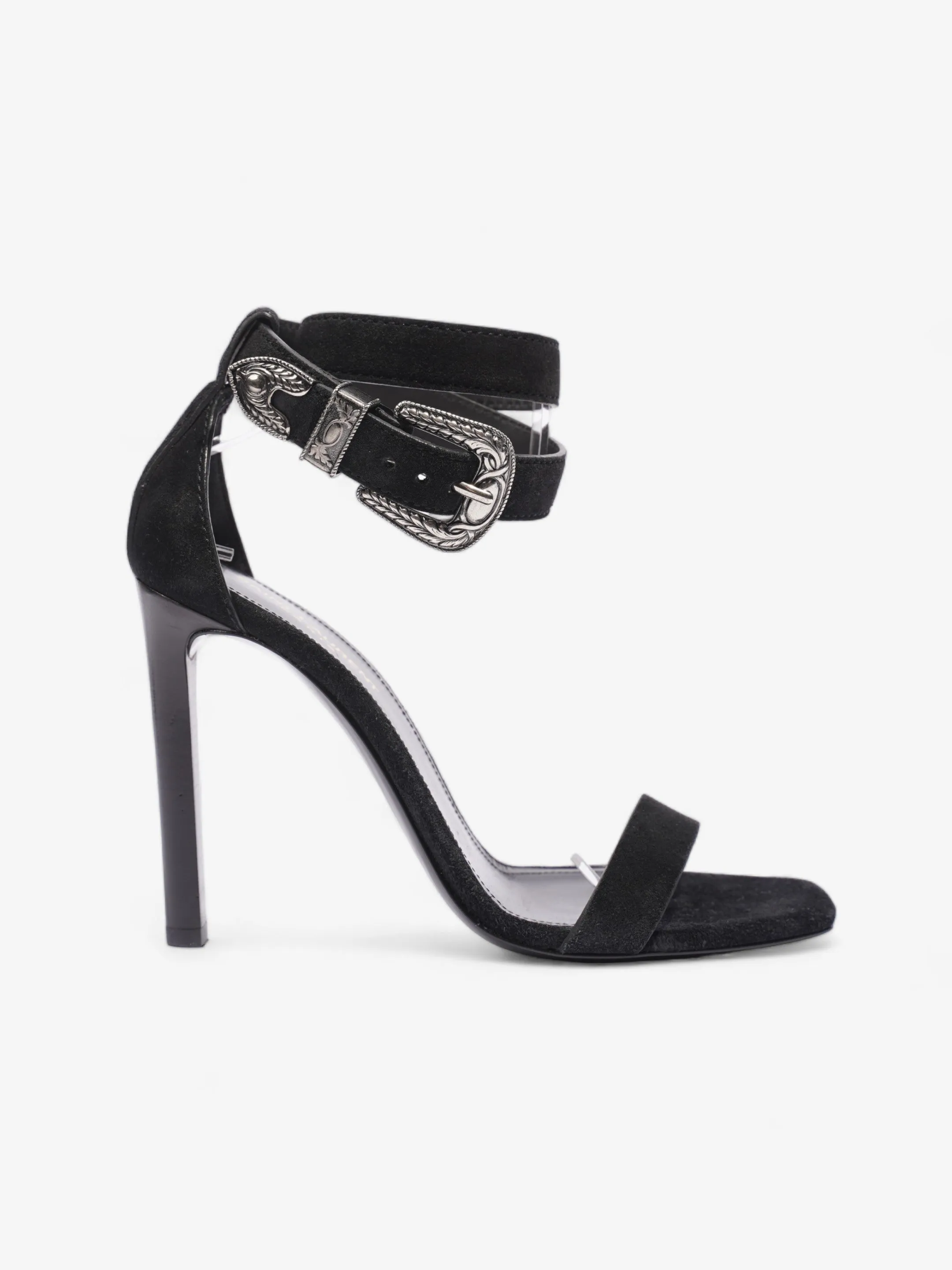 Saint Laurent Strap Ankle Heel 100 Black Suede EU 39 UK 6 Slip On Design