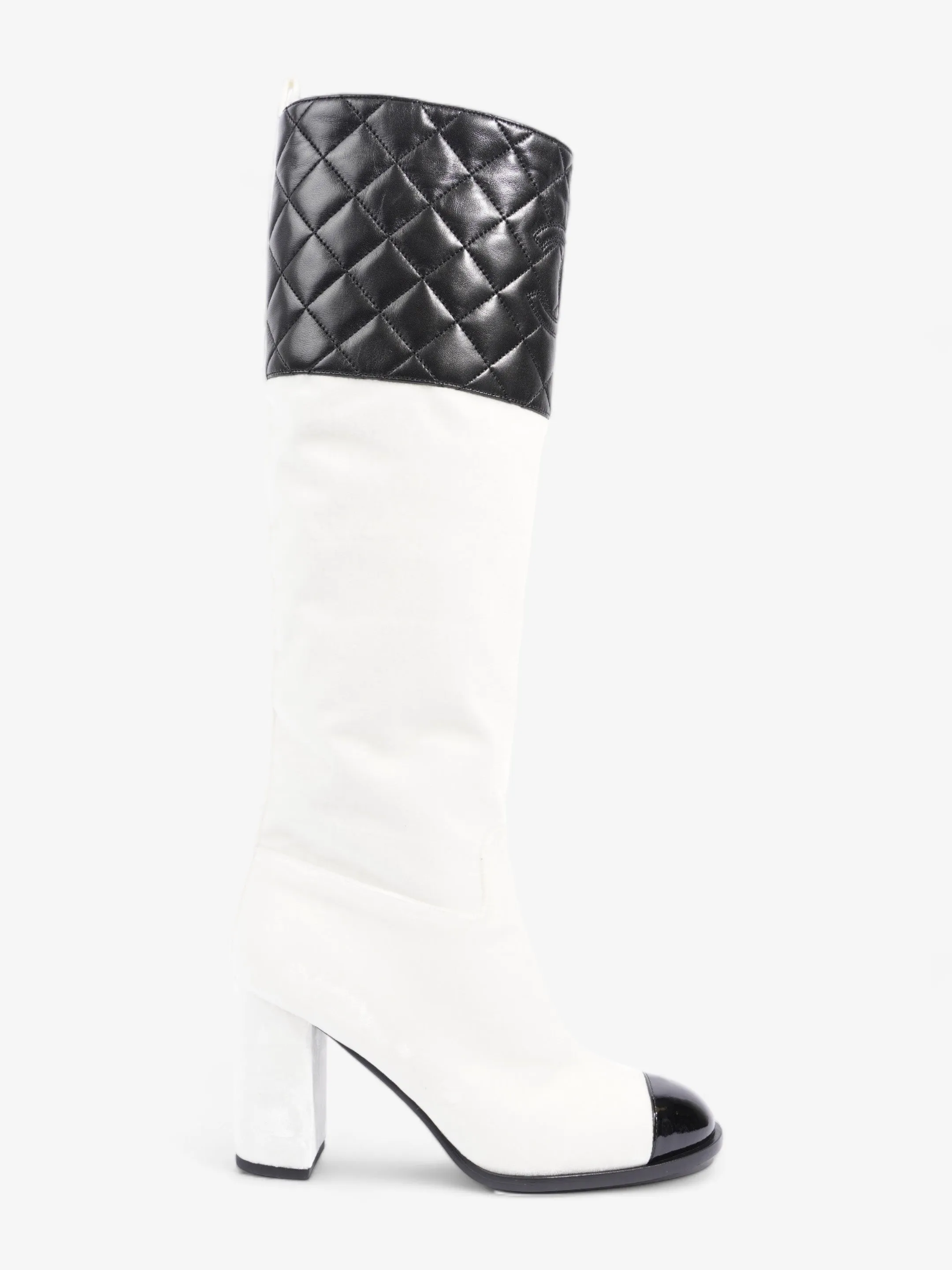 Slip Resistant Chanel Knee High Boots White / Black Velvet EU 38 UK 5