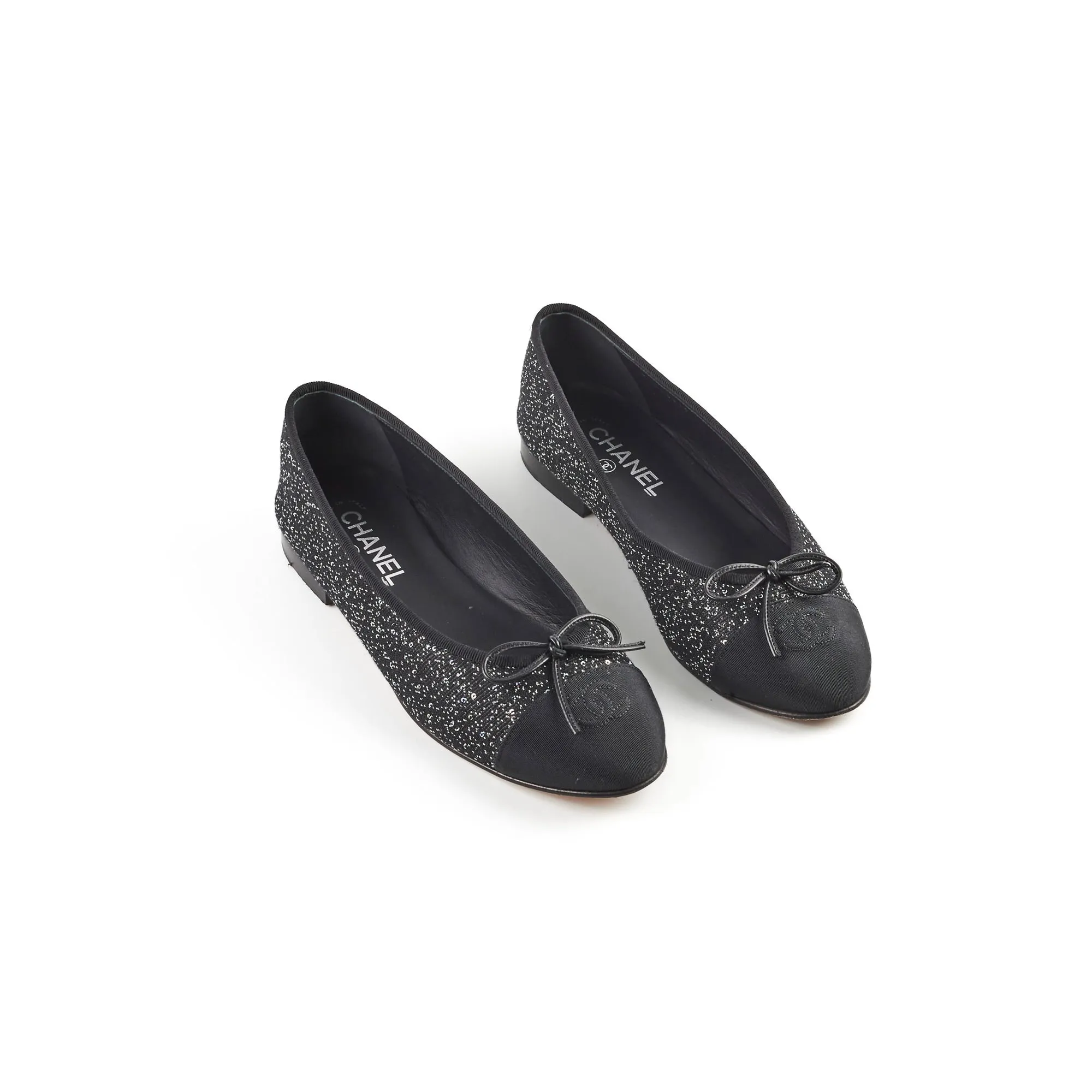 Smooth Step Chanel Sequin Fabric Ballet Flats Black Size 40