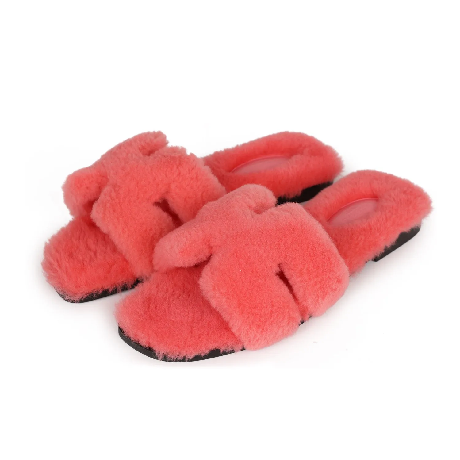 Soft Cushioning Hermes Oran Sandals Rose Du Desert Shearling 37