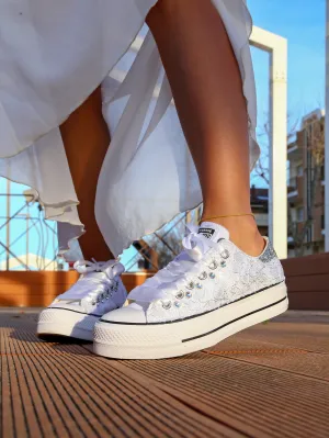 Converse All Star Platform Bassa Pizzo Argento & Strass Stretch Step Plain Jog