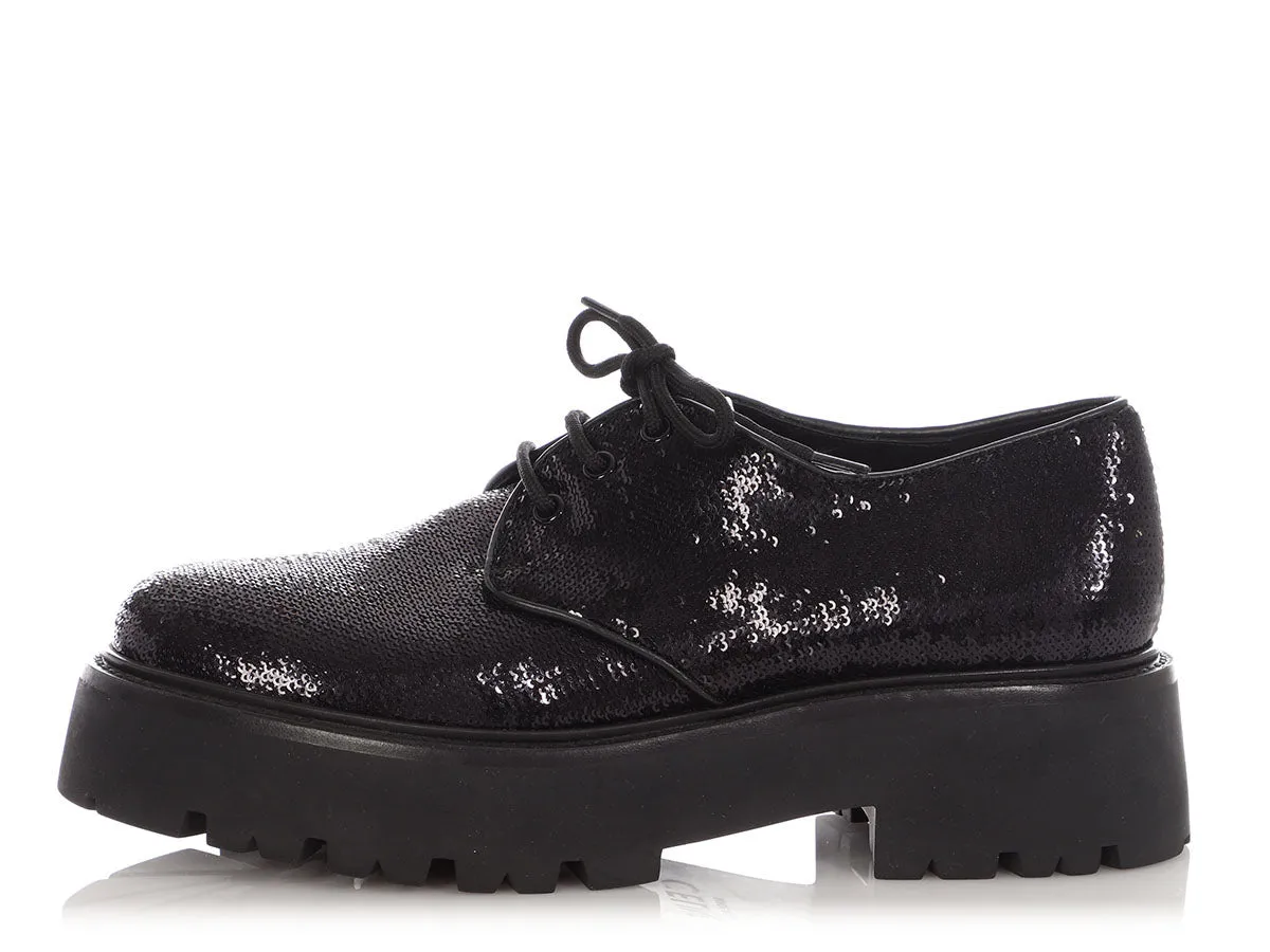 Statement Celine Black Sequin Lug-Sole Derby Shoes