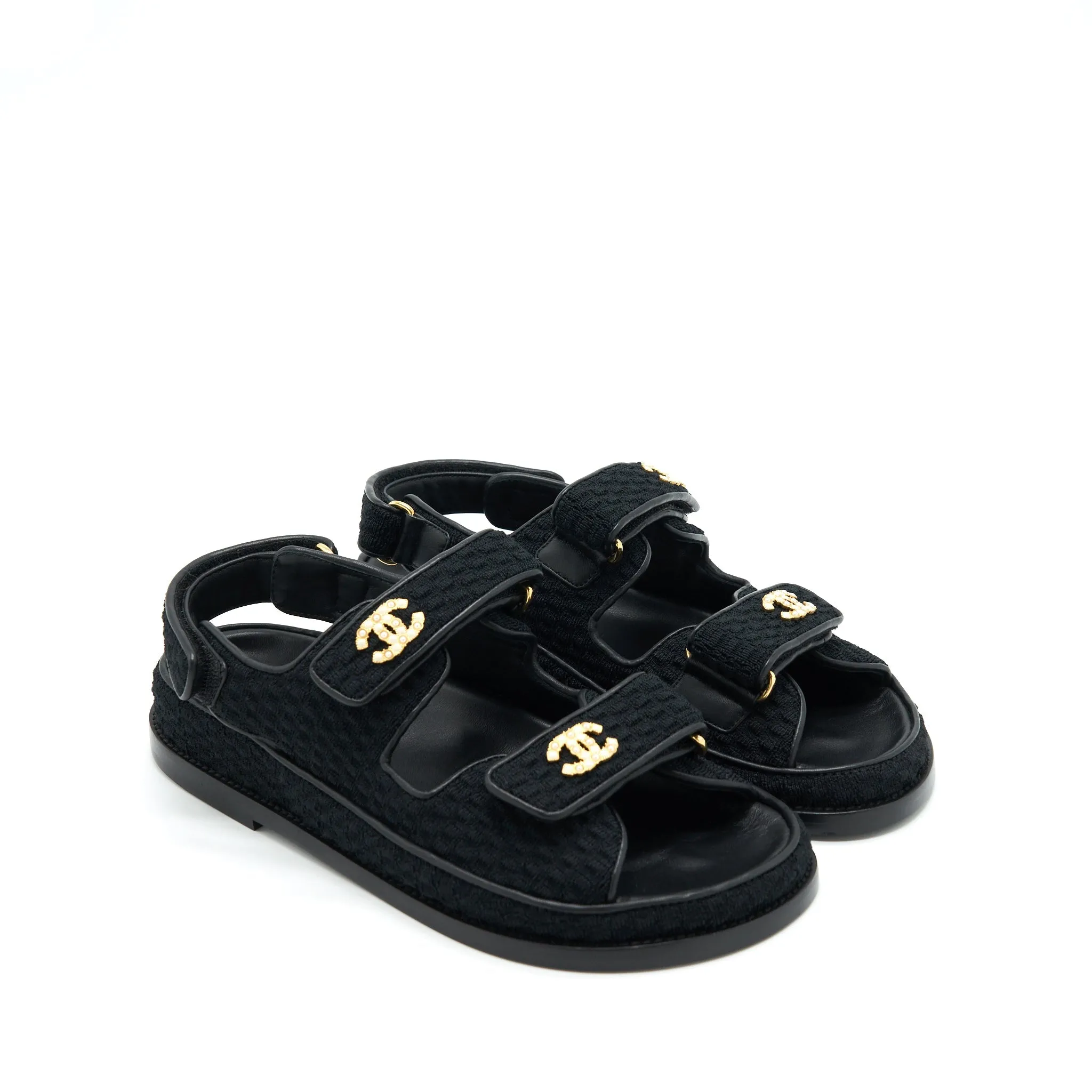 Step Balance Chanel Size 38 Dad Sandal Black With Gold CC Logo