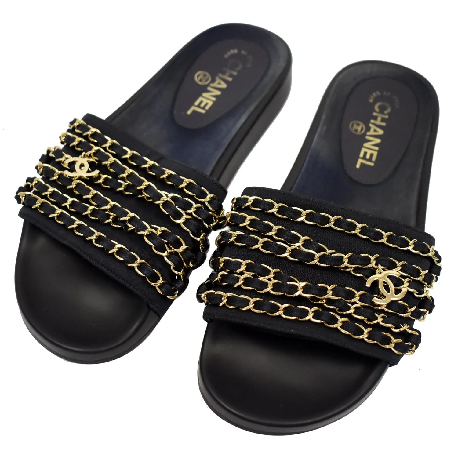 Strapped Sandals CHANEL Tropiconic Chain Fabric Mules Slides Sandals Black US 8