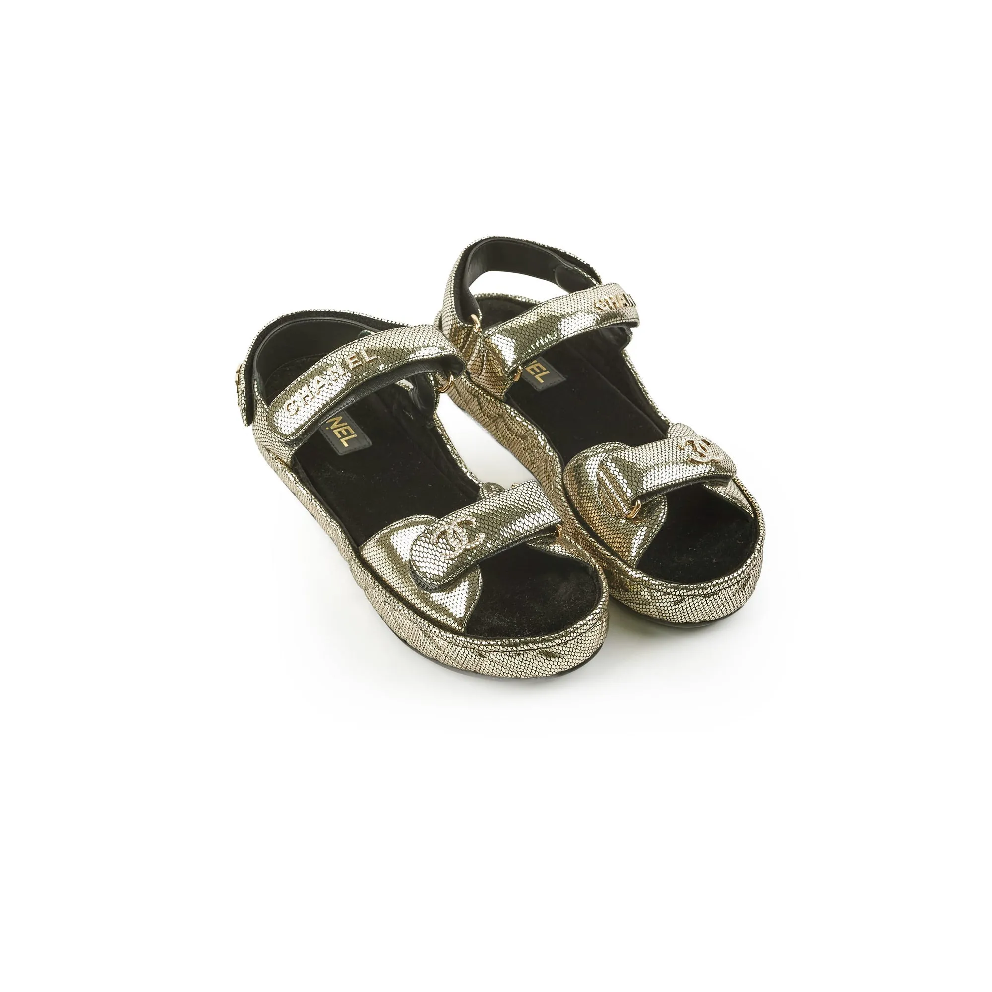 Street Wear Chanel Leather Gold Dad Sandals Size 40