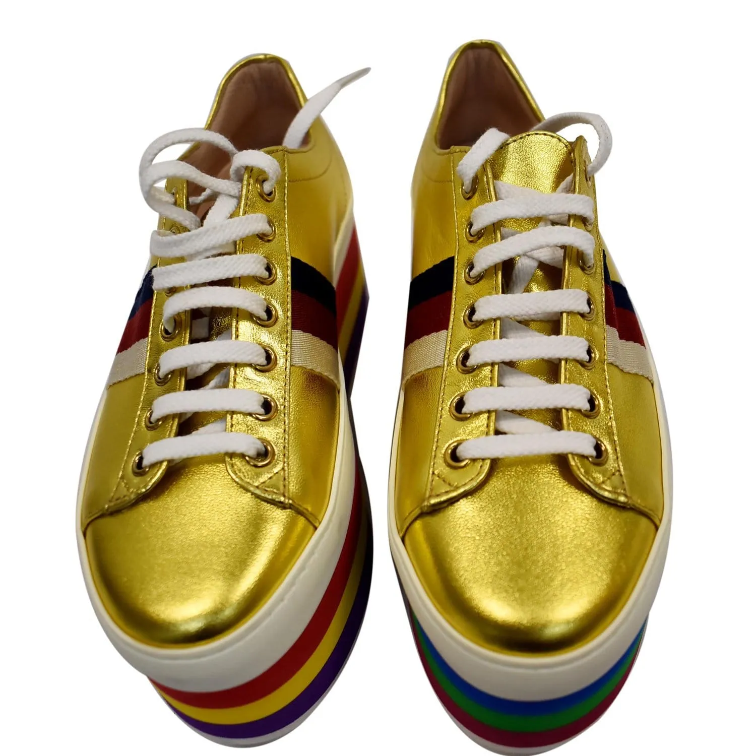 Structured grip GUCCI Peggy Rainbow Metallic Nappa Silk Platform Sneakers Gold 474538 Size 36 - Final Sale