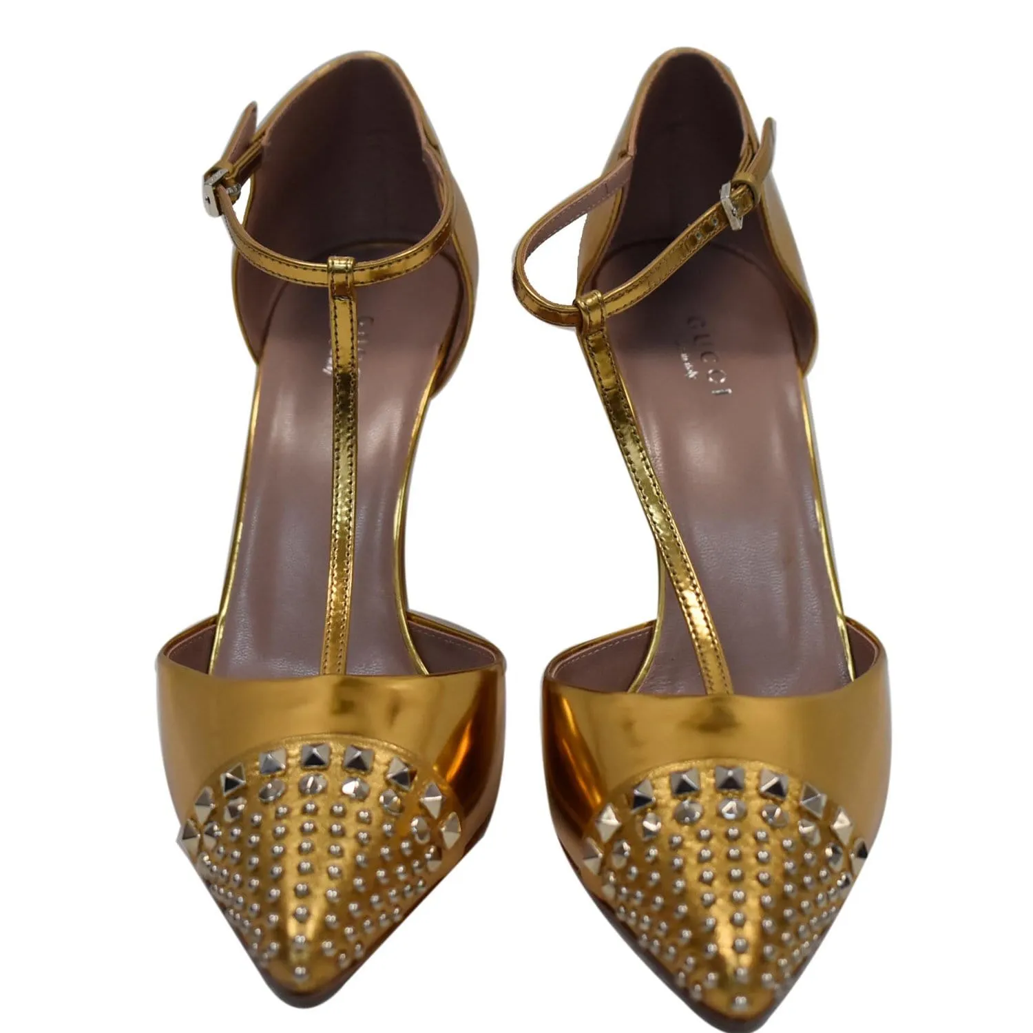 Suede Stilettos GUCCI Studded T-Strap Metallic Leather Heel Pumps Gold Size 39 1/2