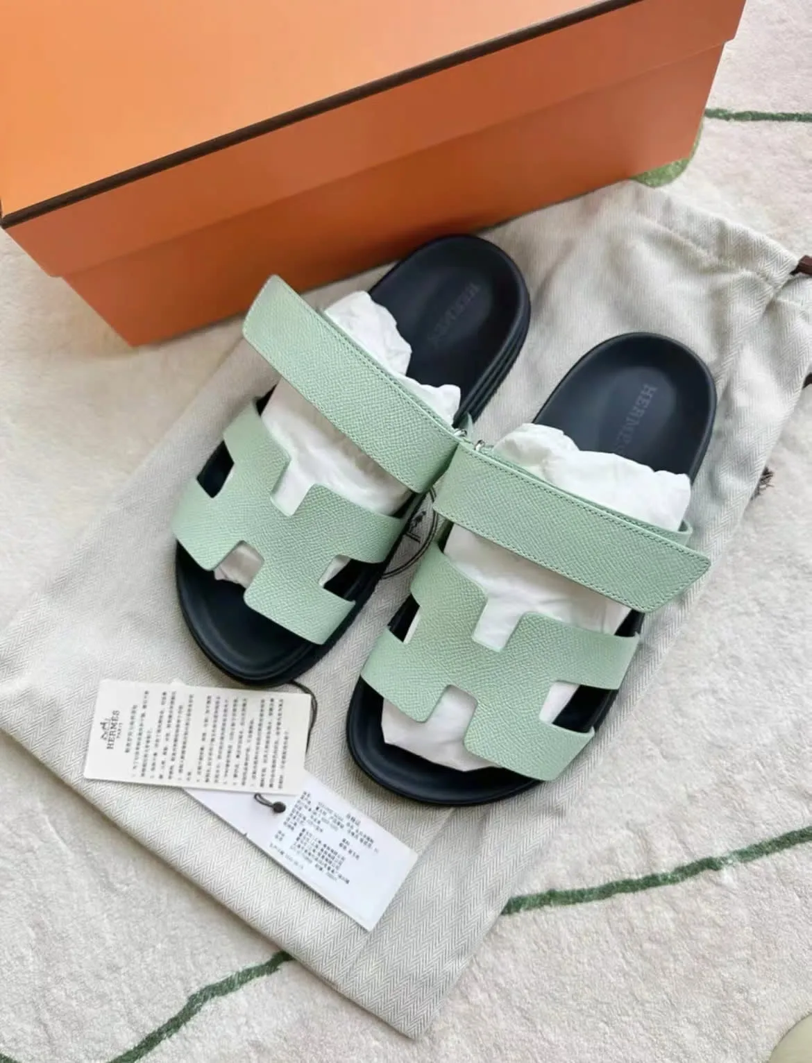 Sustainable Choice Hermes Chypre Sandals, Green, Size 36