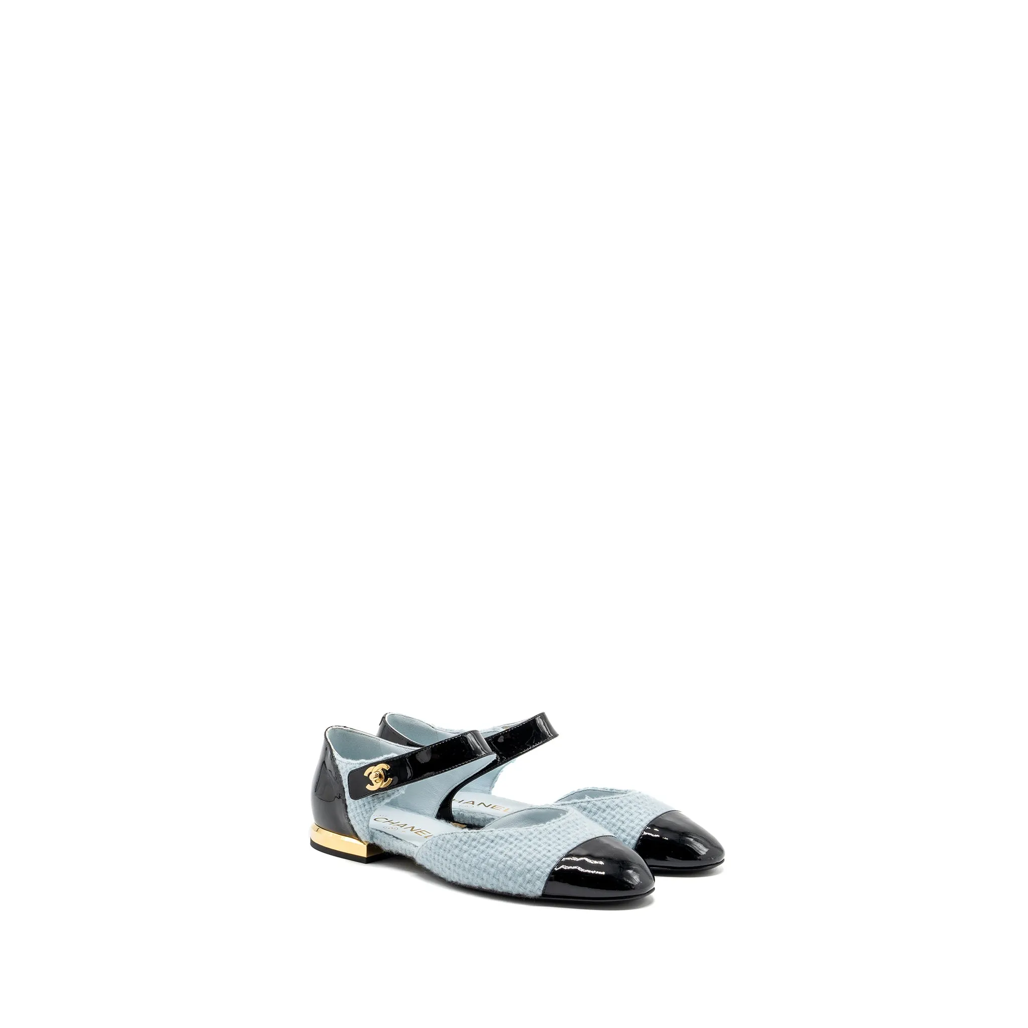 Terrain-Grip Chanel 21k Size 38 Ballerinas Flat Shoes Tweed/Patent Calfskin Light Blue/ Black