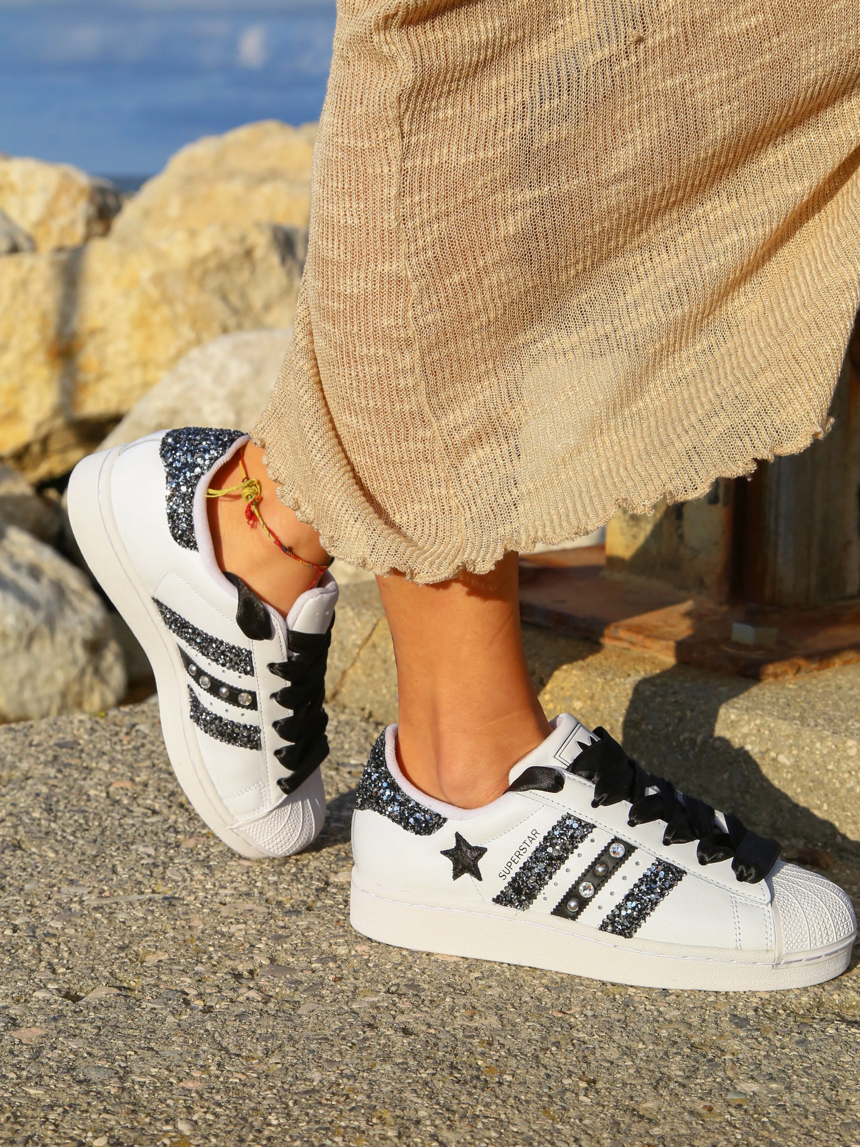 Lightweight Upper Glow Run Adidas Superstar Glitter Black Silver Stella Strass & Lacci Raso