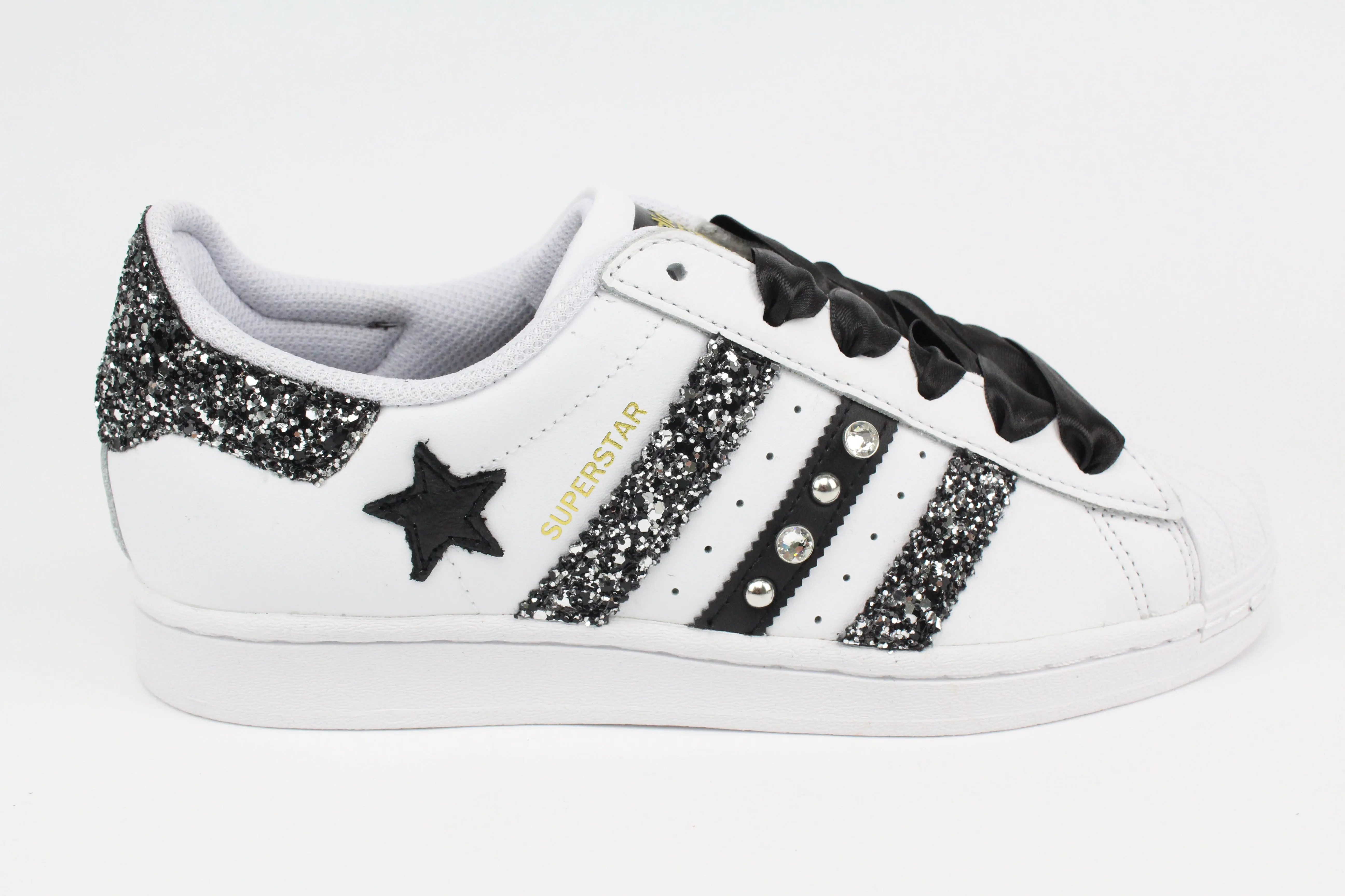 Travel Step Adidas Superstar Glitter Black Silver Stella Strass & Lacci Raso