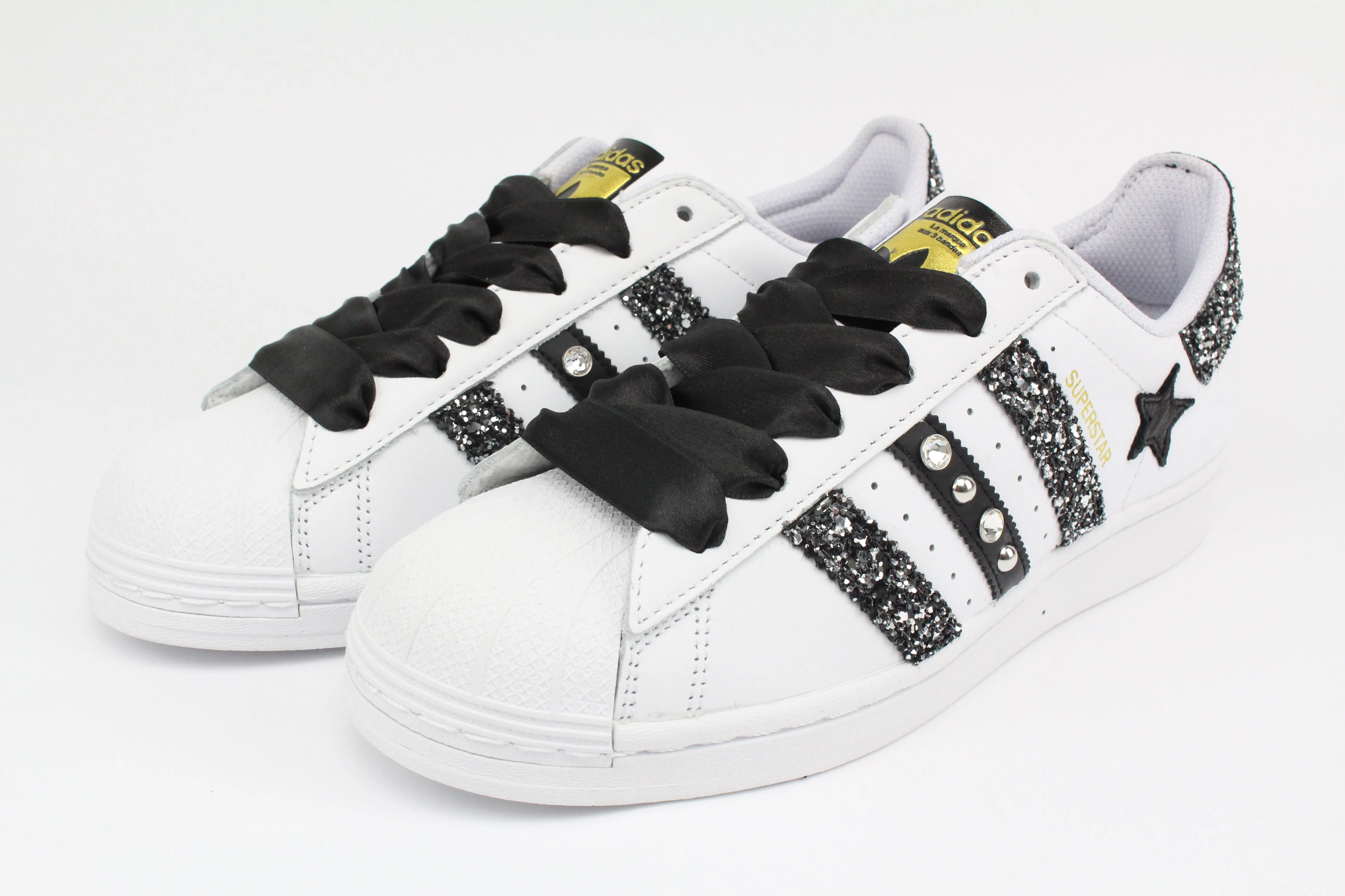 Travel Step Adidas Superstar Glitter Black Silver Stella Strass & Lacci Raso