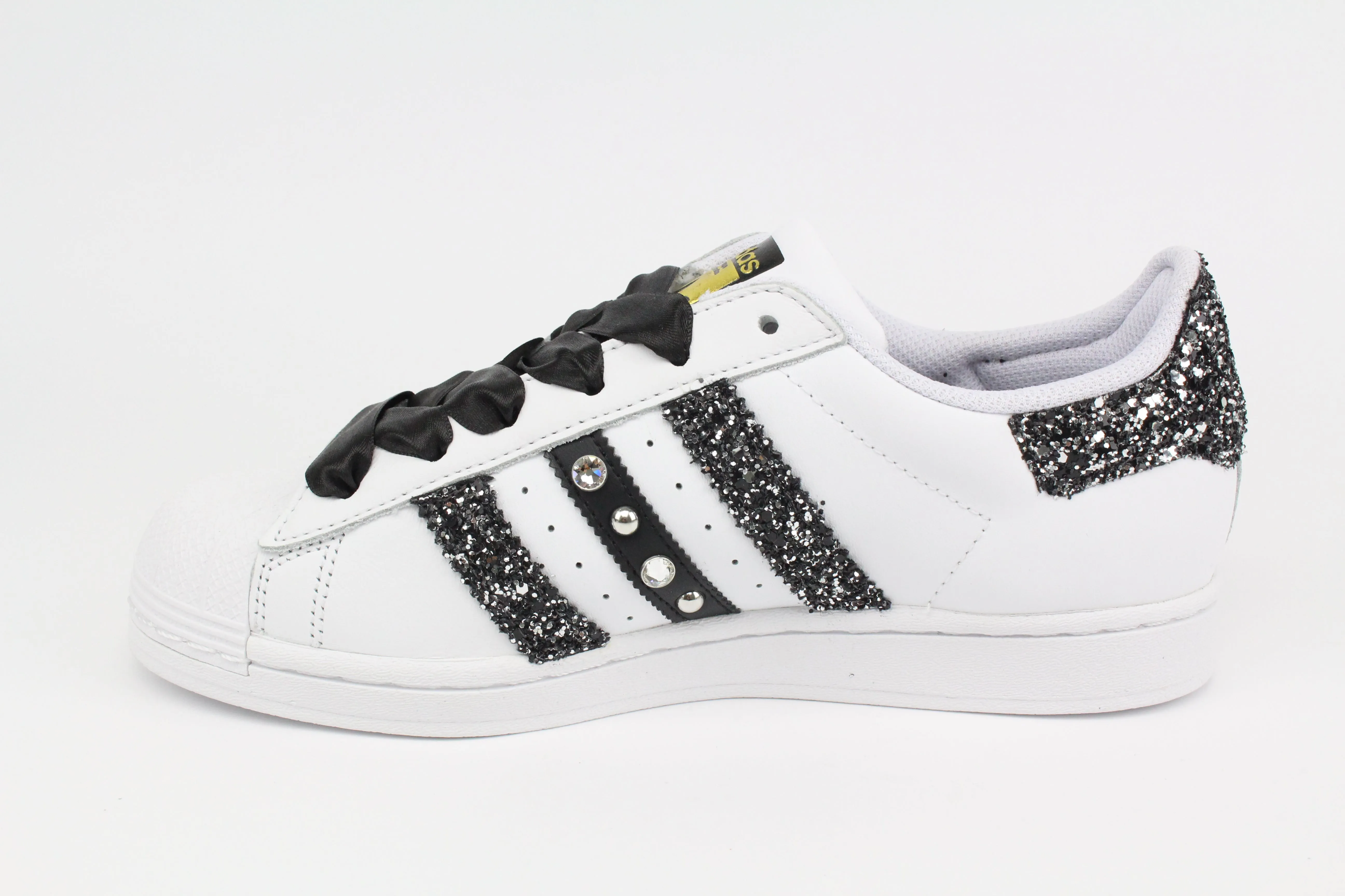 Travel Step Adidas Superstar Glitter Black Silver Stella Strass & Lacci Raso