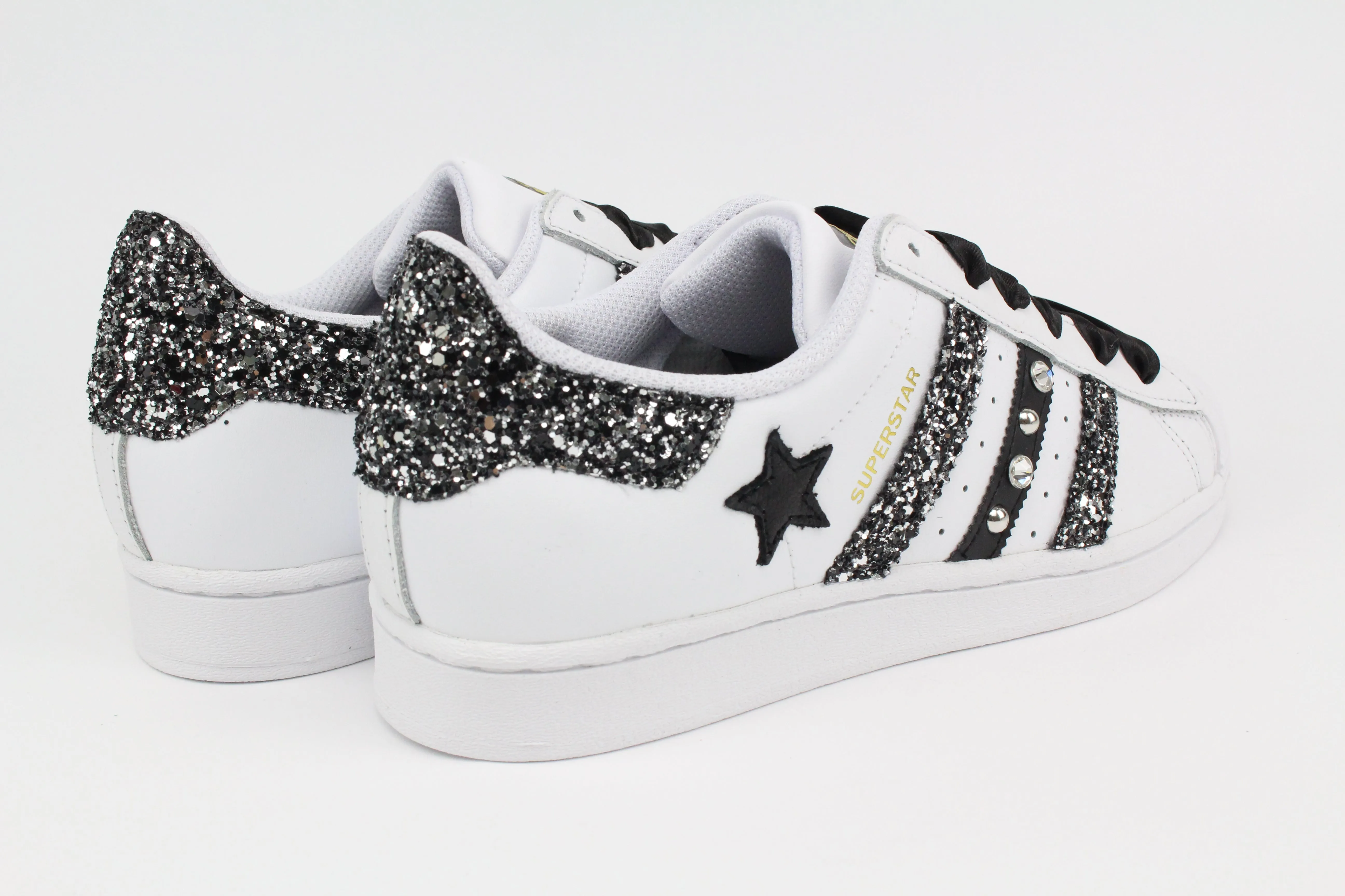 Travel Step Adidas Superstar Glitter Black Silver Stella Strass & Lacci Raso